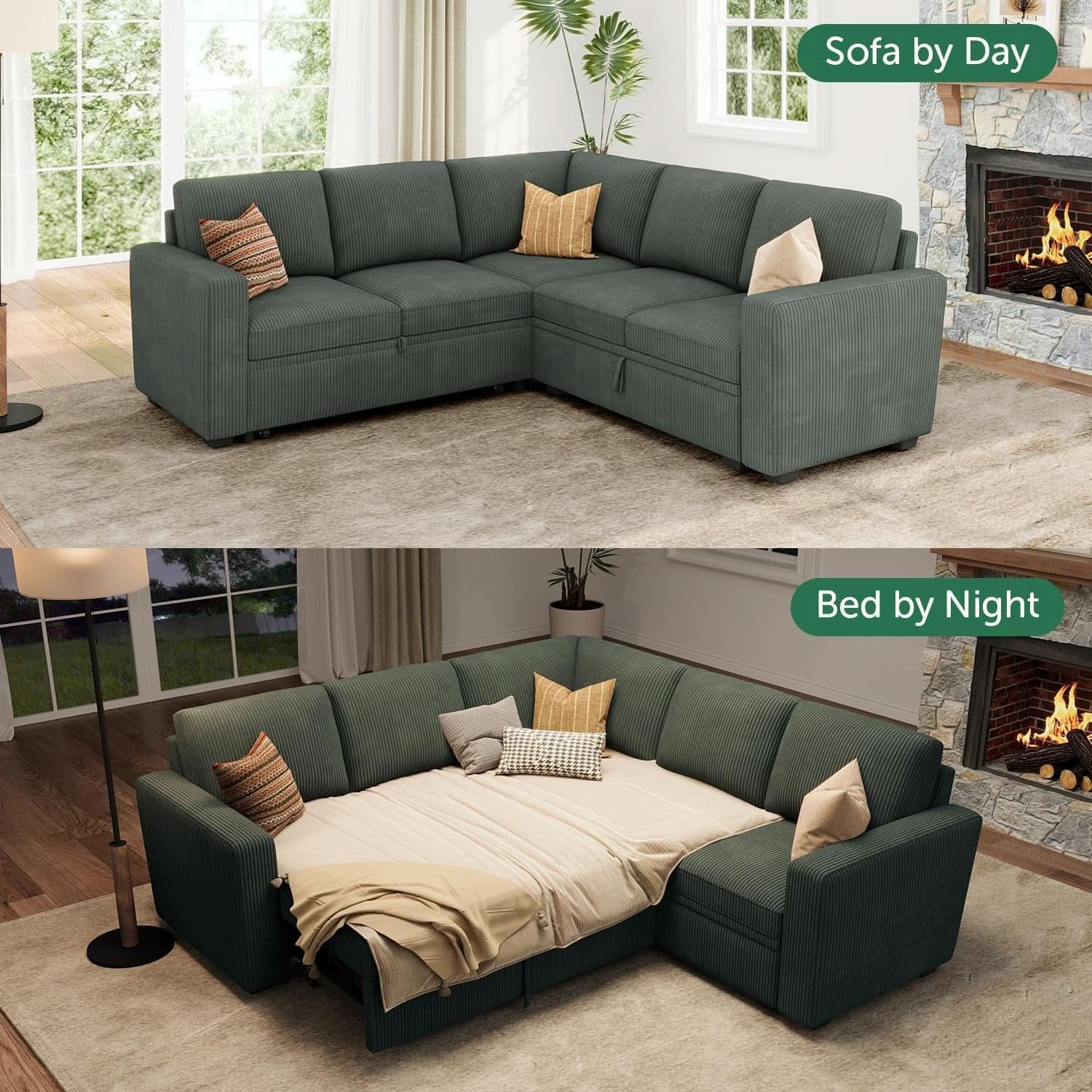 Green Corduroy Sectional Sleeper Sofa With Storage