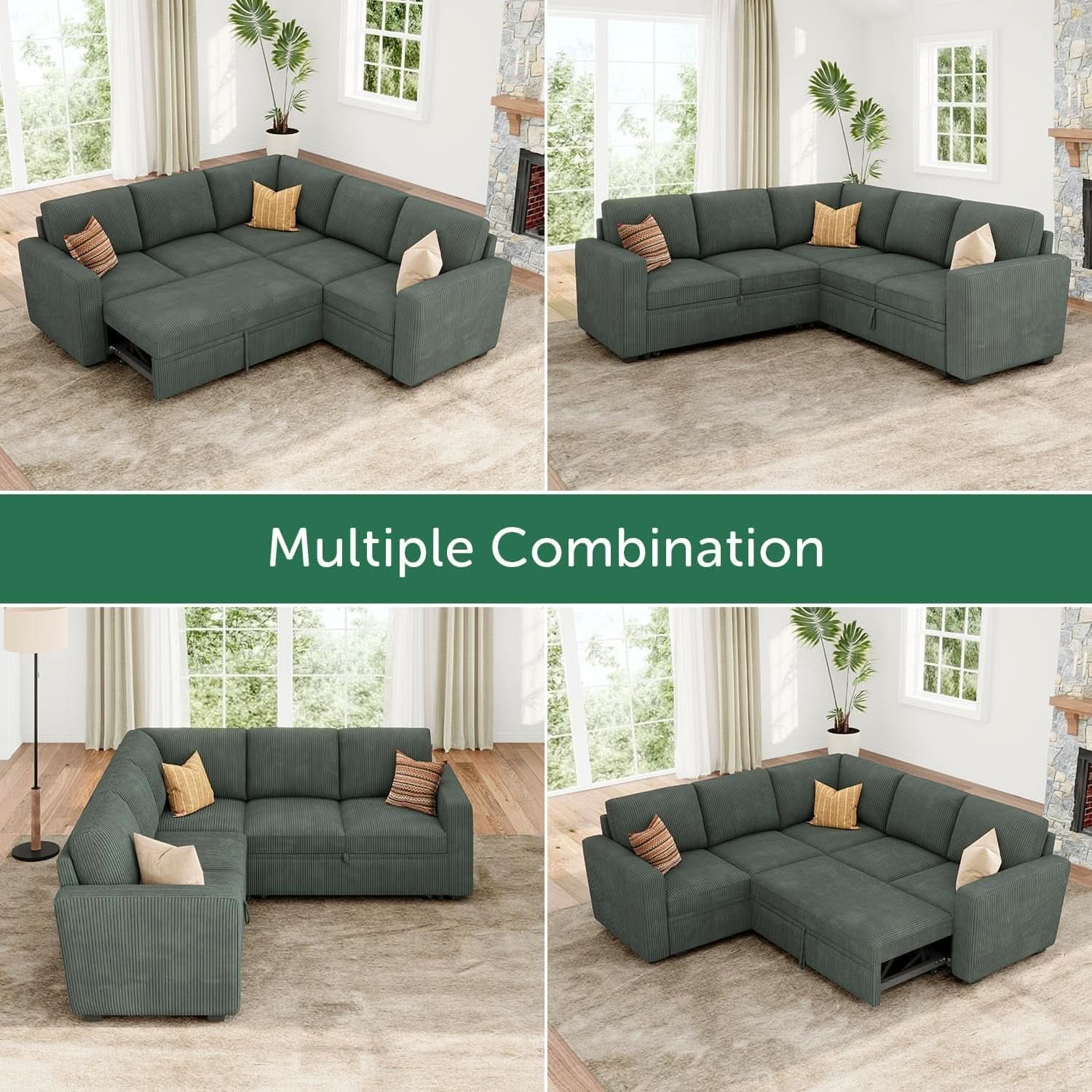 Green Corduroy Sectional Sleeper Sofa With Storage