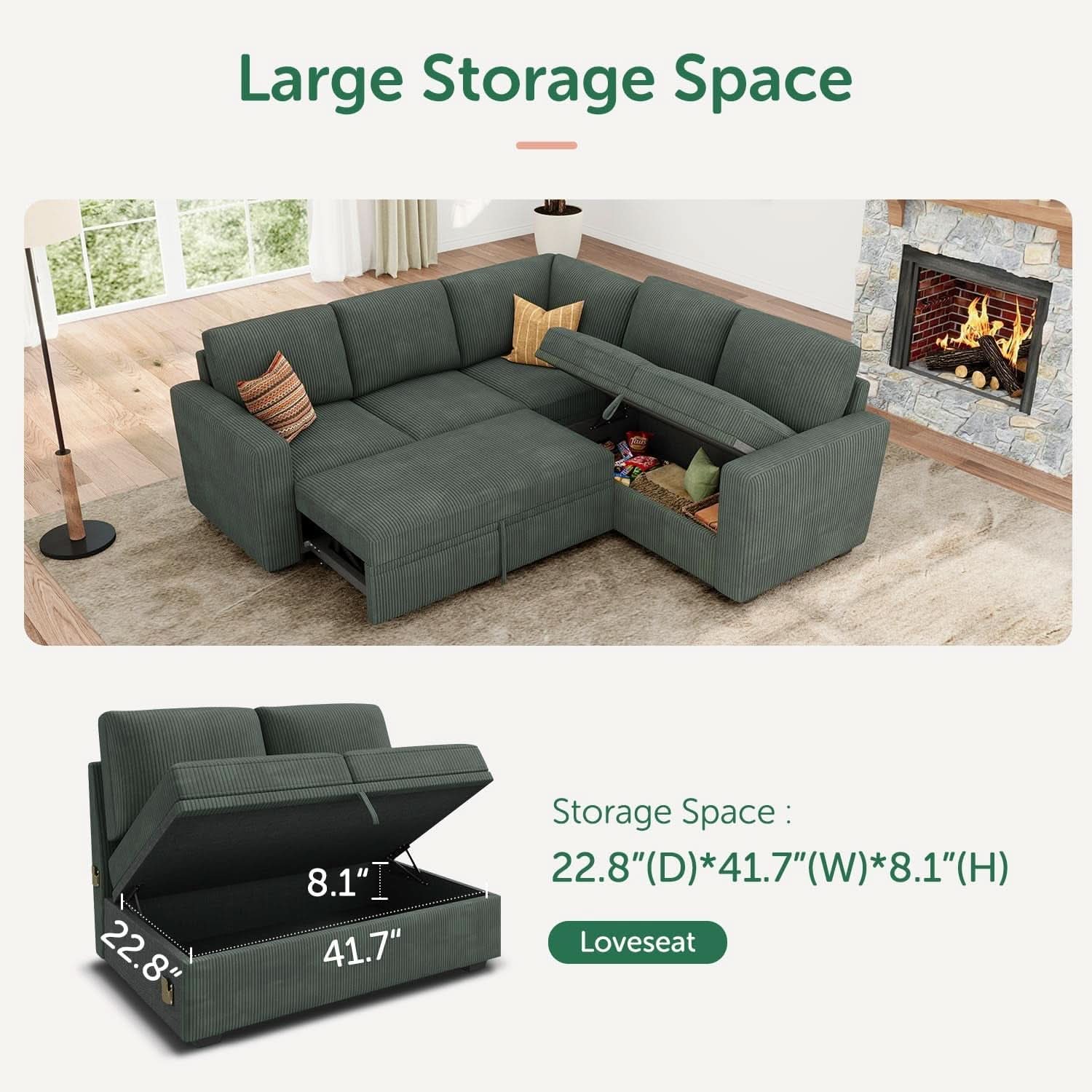 Green Corduroy Sectional Sleeper Sofa With Storage