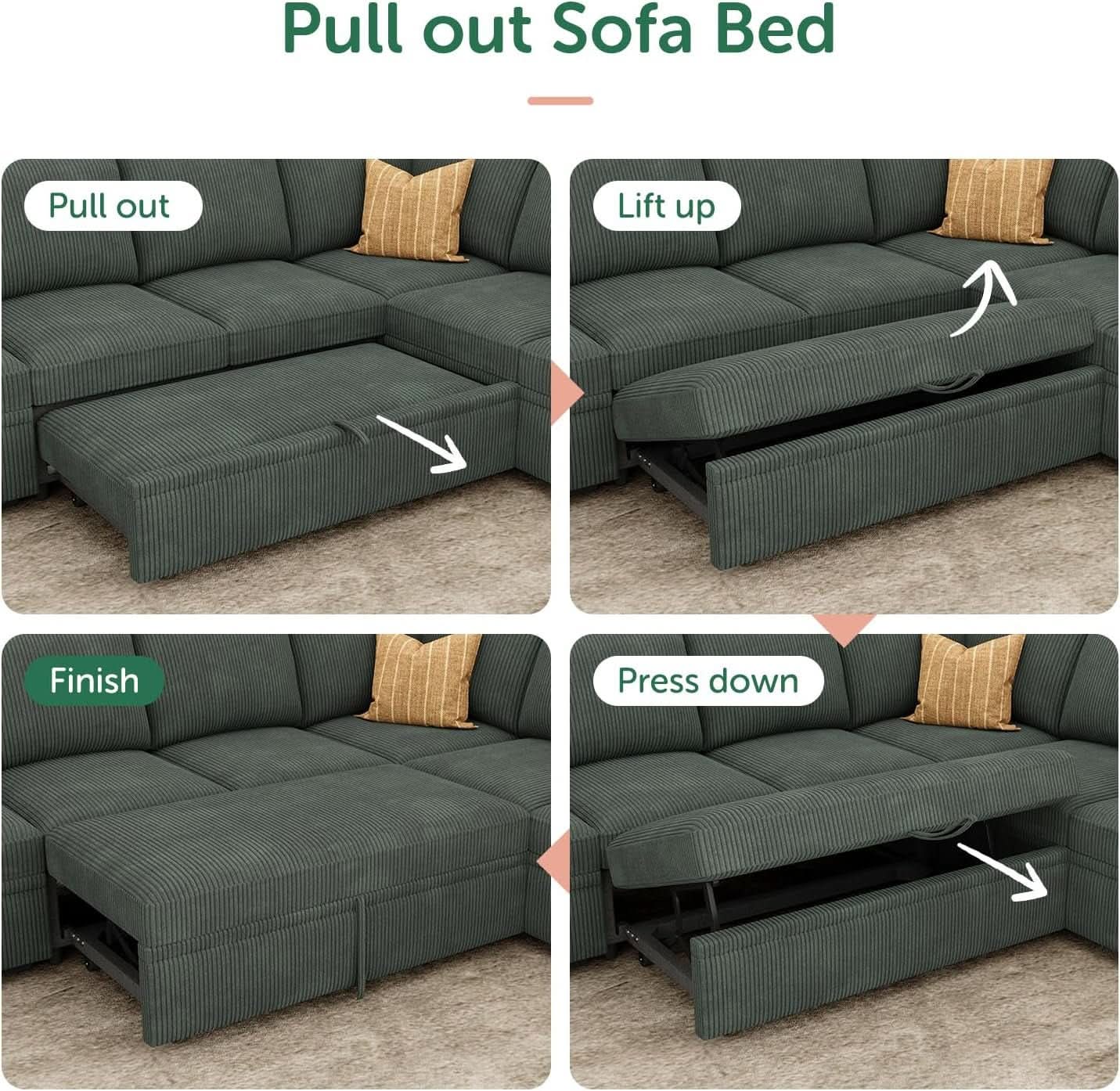 Green Corduroy Sectional Sleeper Sofa With Storage