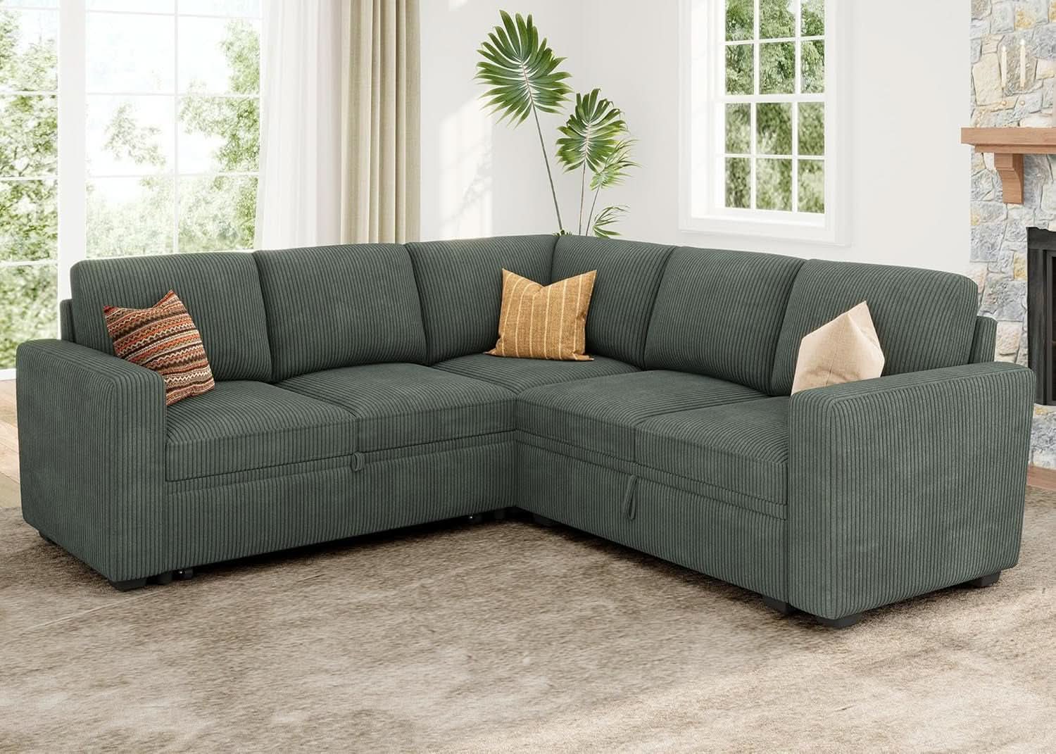 Green Corduroy Sectional Sleeper Sofa With Storage