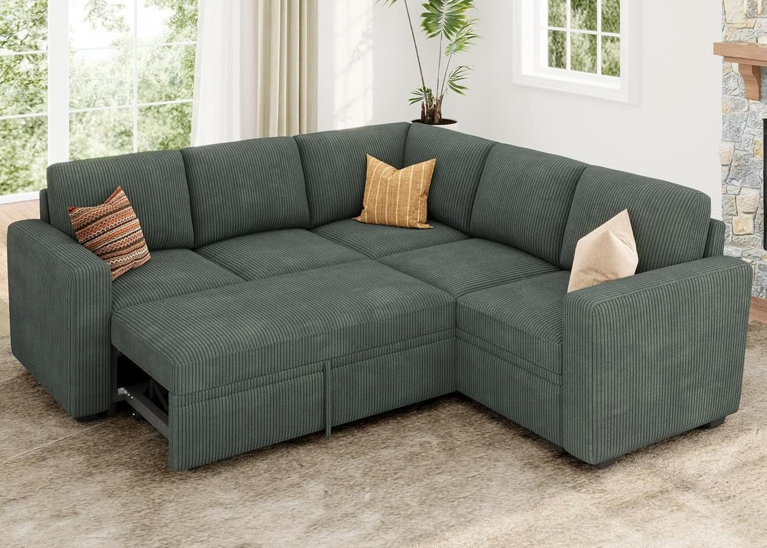 Green Corduroy Sectional Sleeper Sofa With Storage