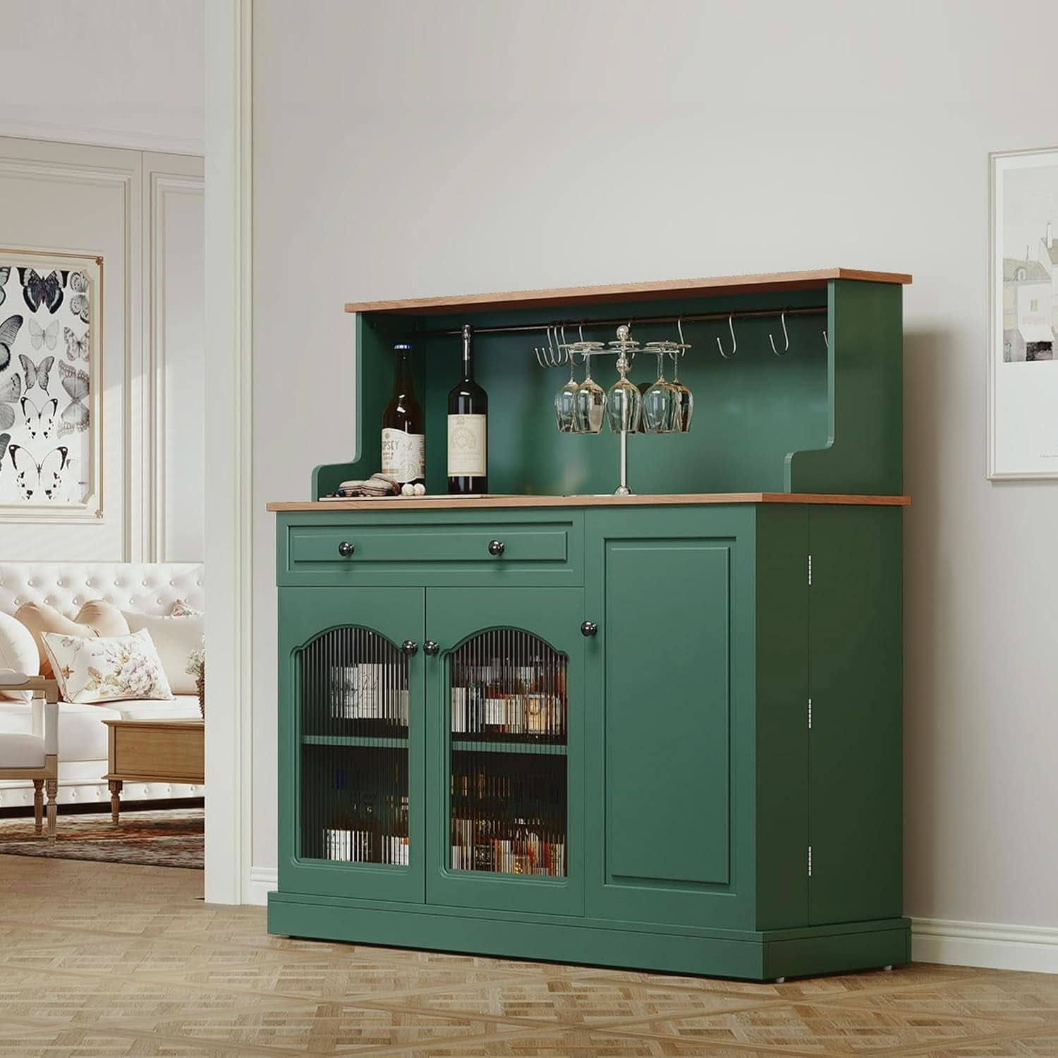 Green Farmhouse Coffee Bar Cabinet With Hutch 48 Inch