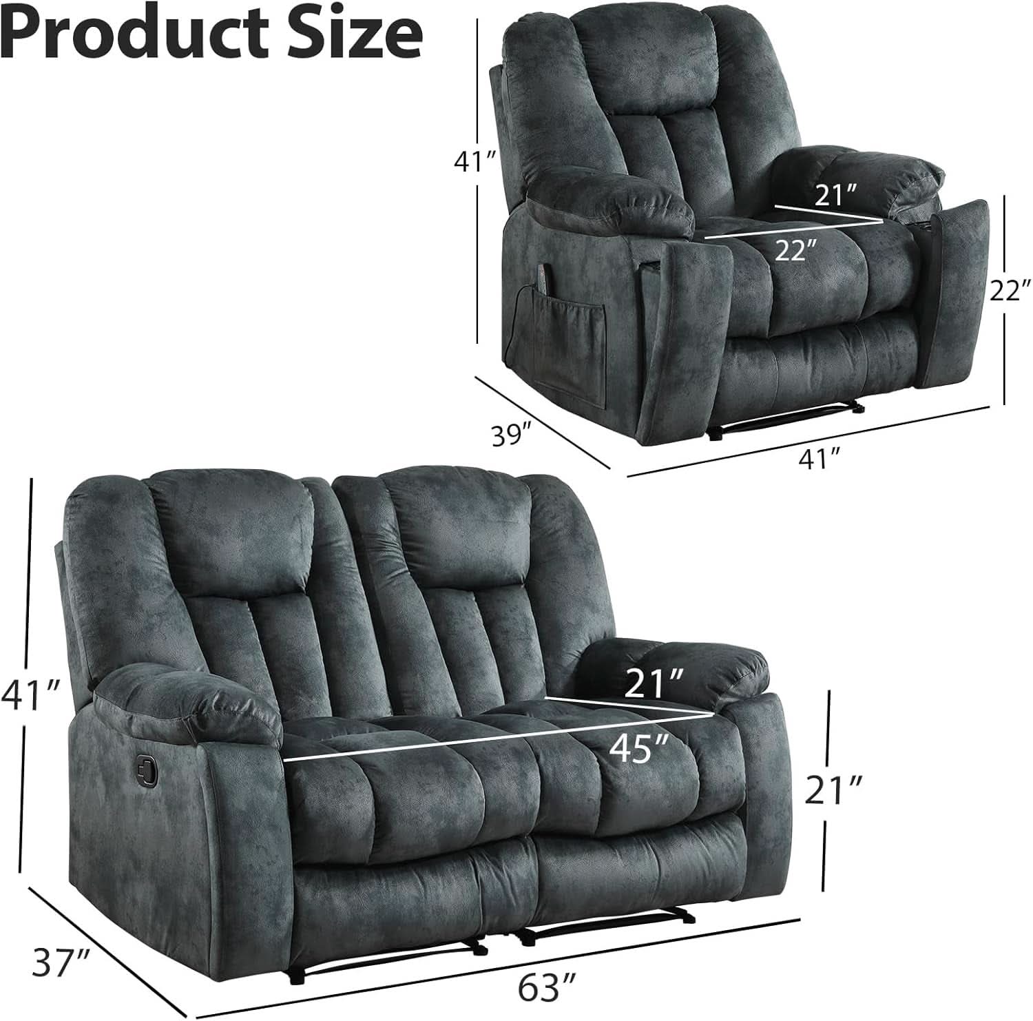 Green Grey Two Piece Reclining Sofa Set With Massage