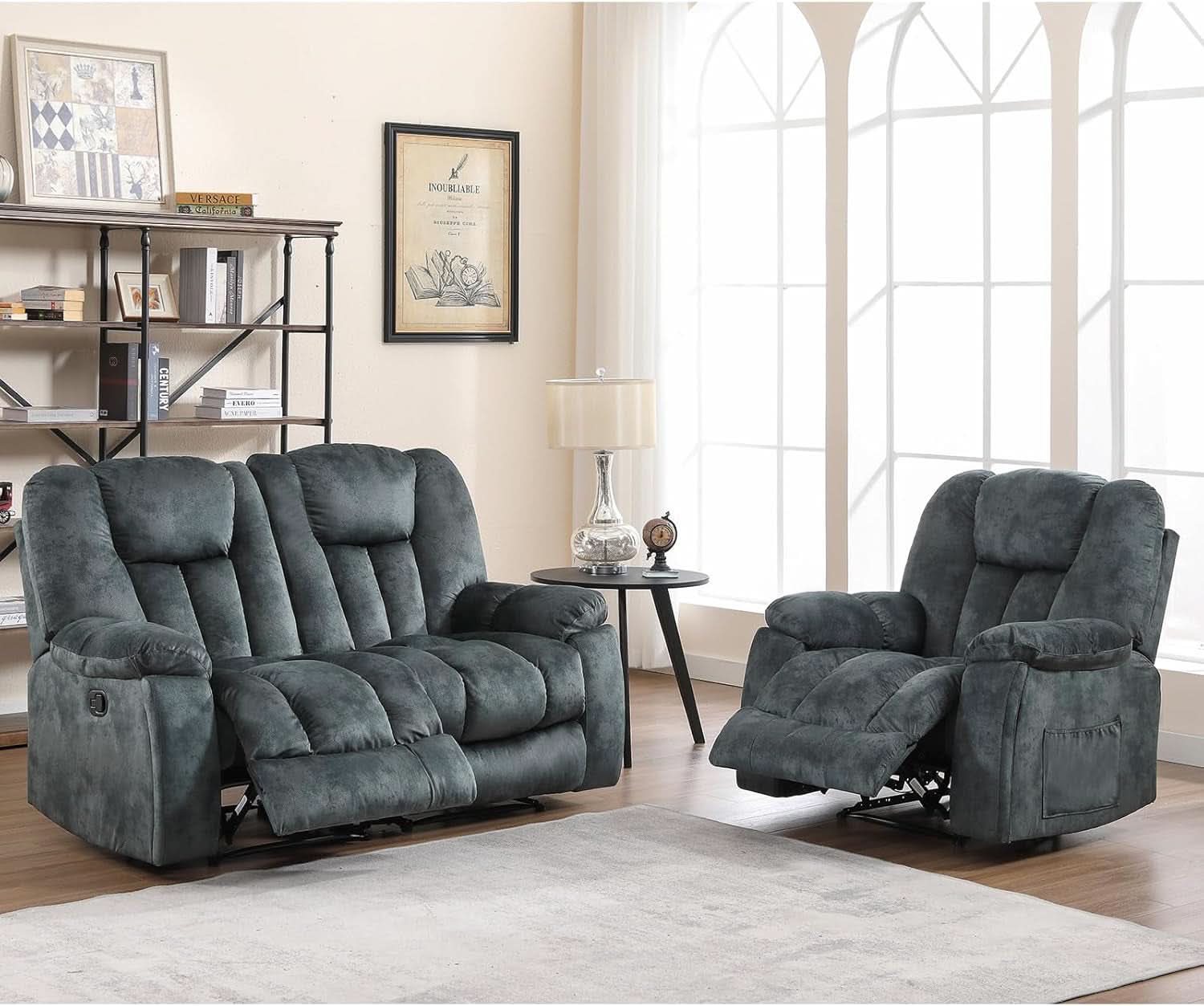 Green Grey Two Piece Reclining Sofa Set With Massage