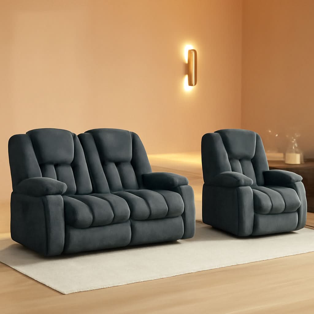 Green Grey Two Piece Reclining Sofa Set With Massage