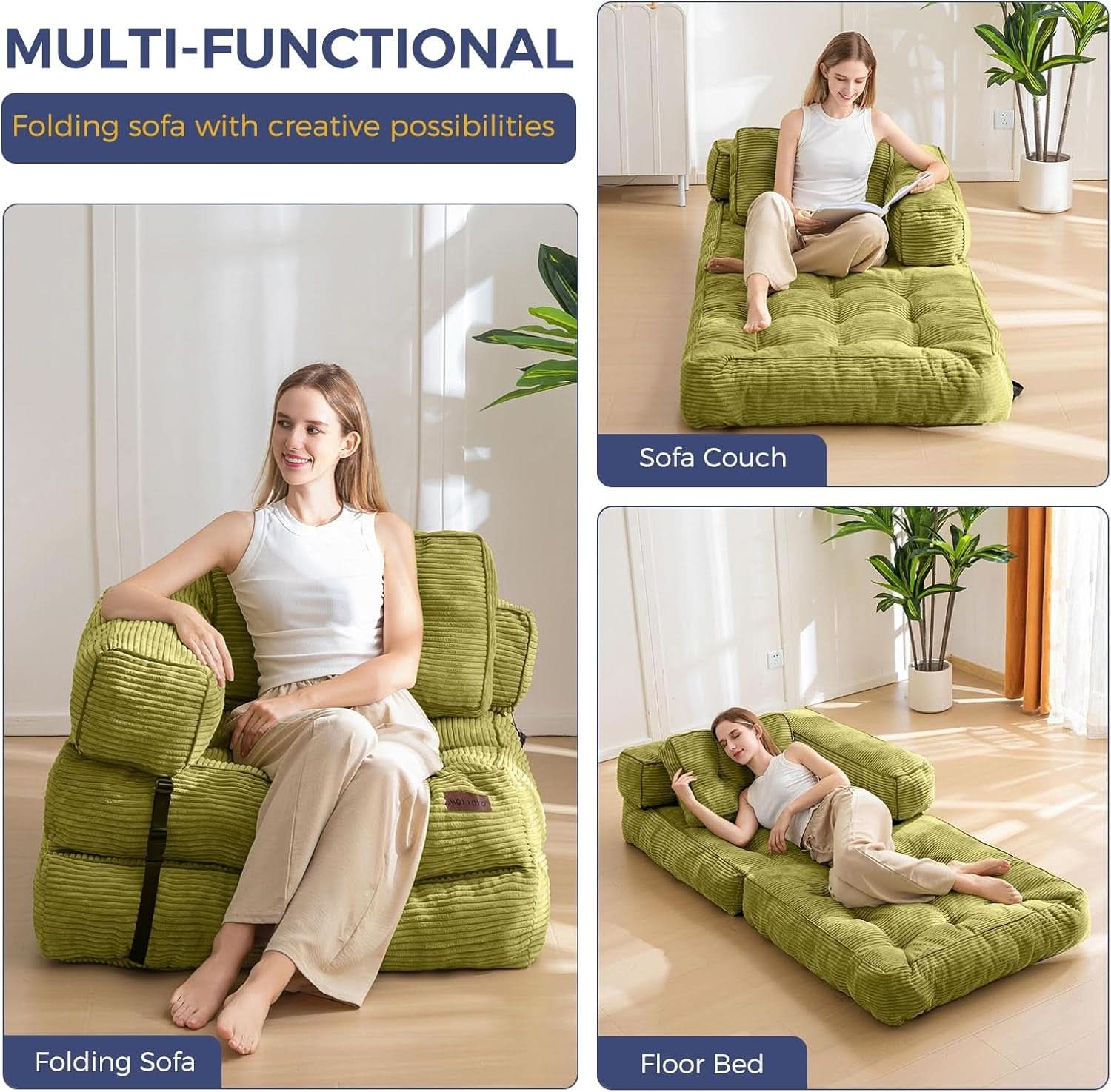 Green L Shaped Convertible Sofa Bed With Armrest And Pillow