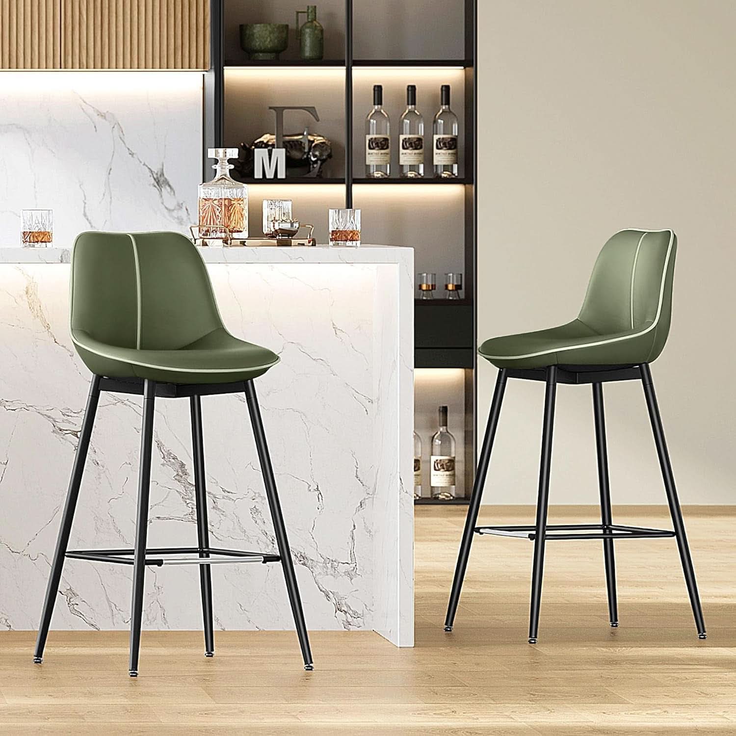 Green Leather Bar Stools With Back Modern Set Of Two
