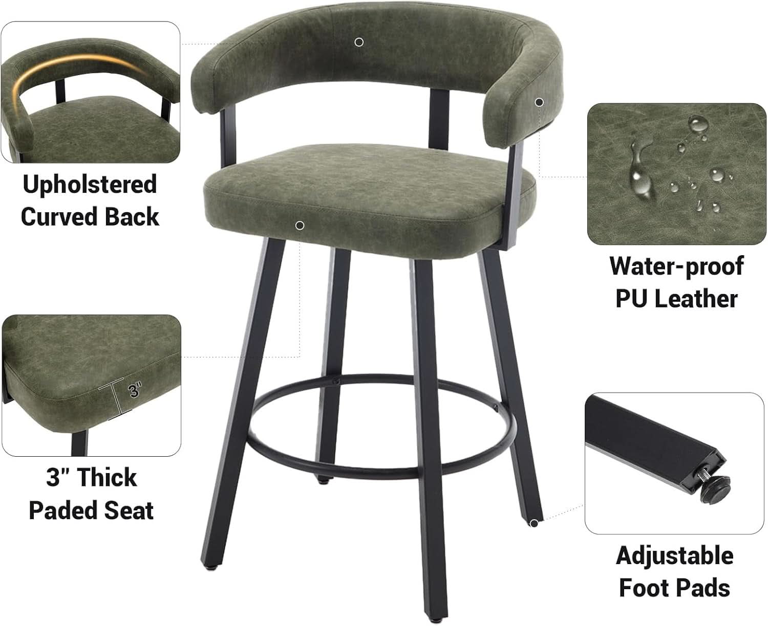 Green Leather Counter Height Bar Stools Set Of 4 With Backs 25 Inch
