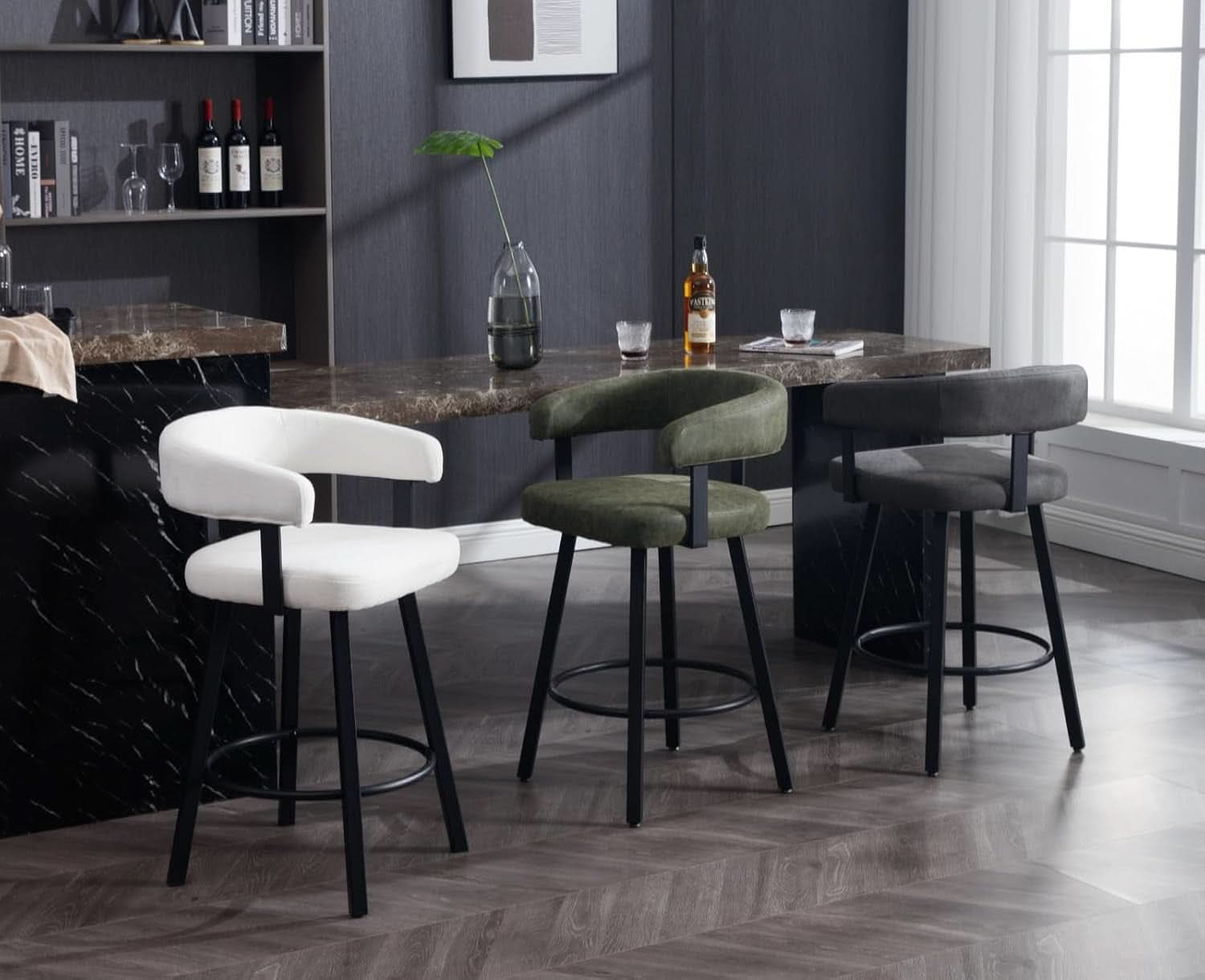 Green Leather Counter Height Bar Stools Set Of 4 With Backs 25 Inch
