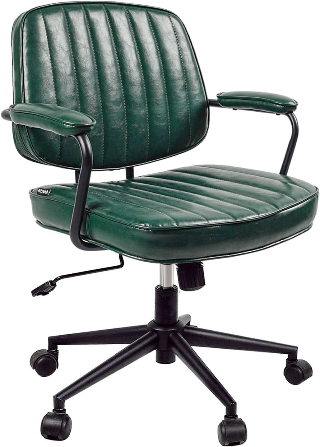 Green Leather Mid Century Office Chair With Wheels And Arms