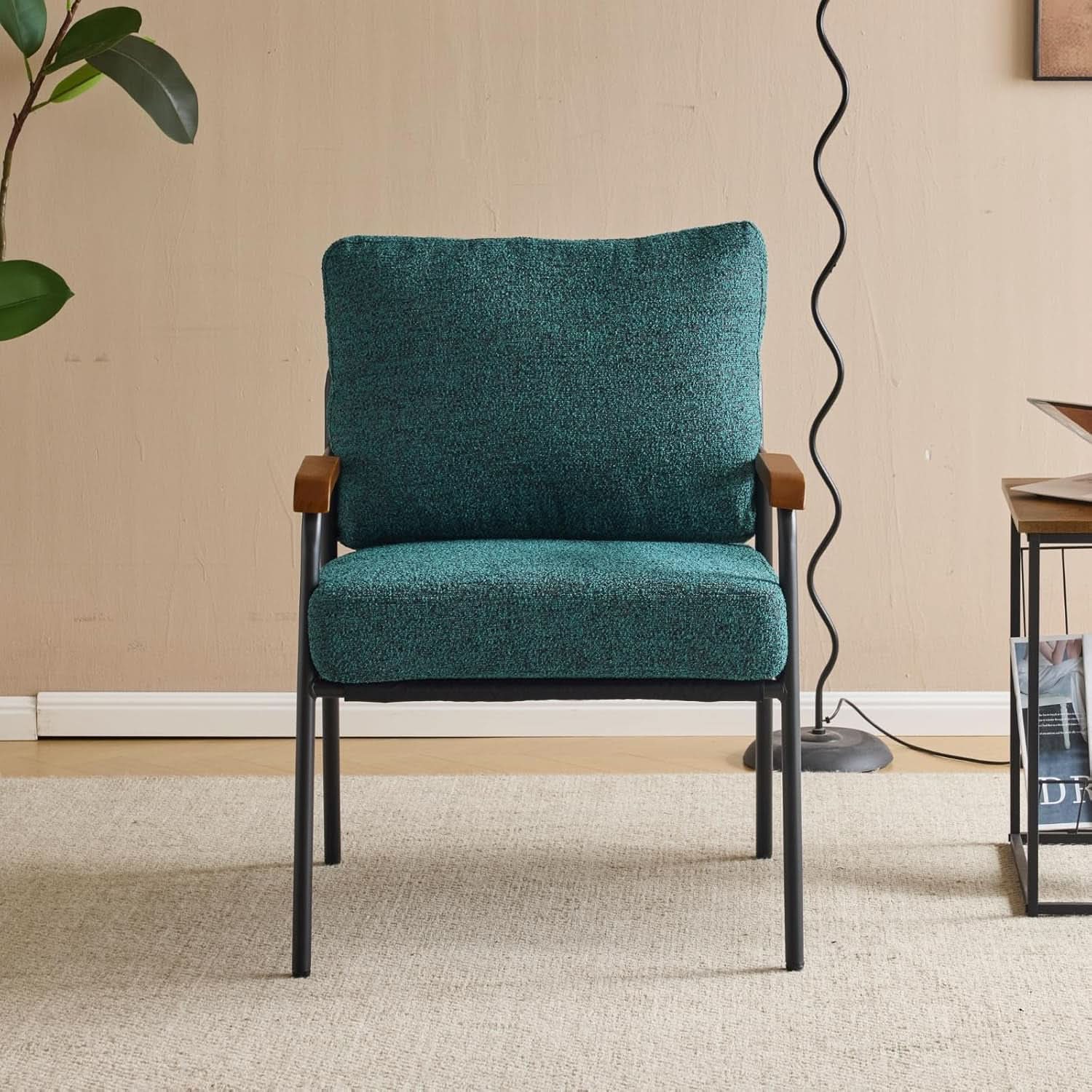 Green Linen Accent Armchair With Metal Frame Mid Century