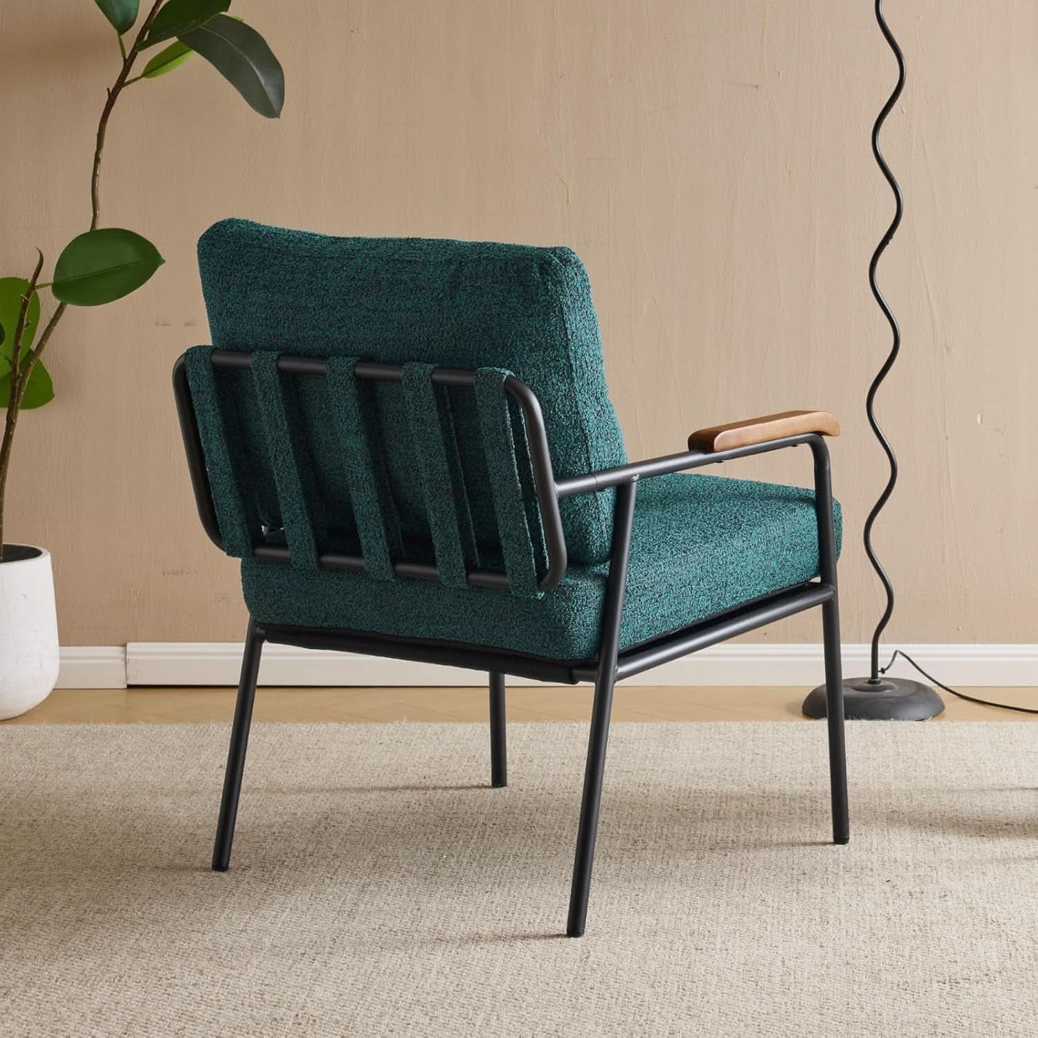 Green Linen Accent Armchair With Metal Frame Mid Century