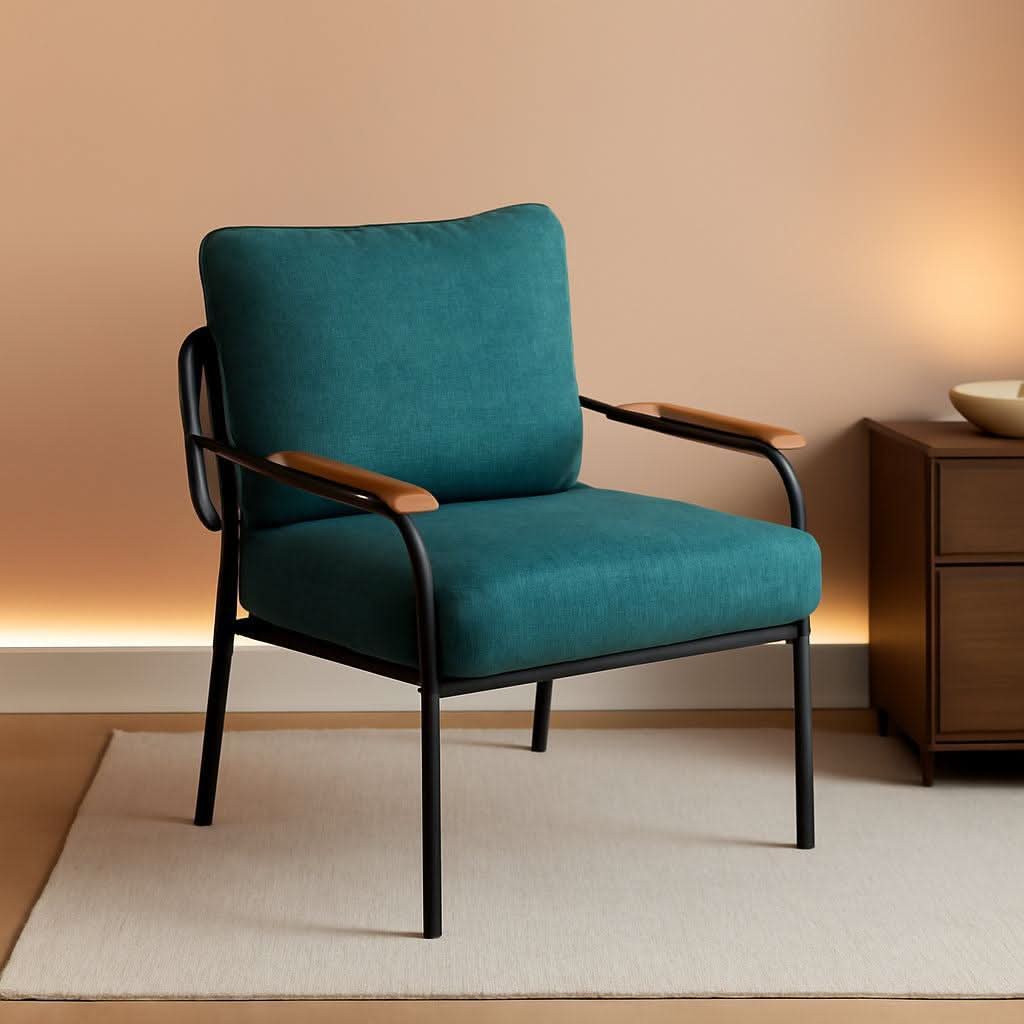 Green Linen Accent Armchair With Metal Frame Mid Century