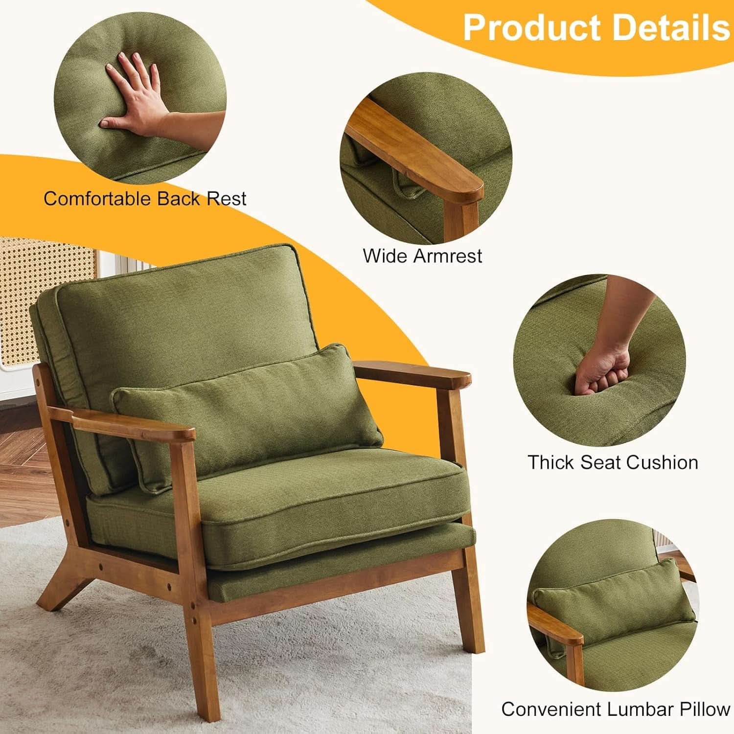 Green Luxury Upholstered Armchair With Lumbar Pillow