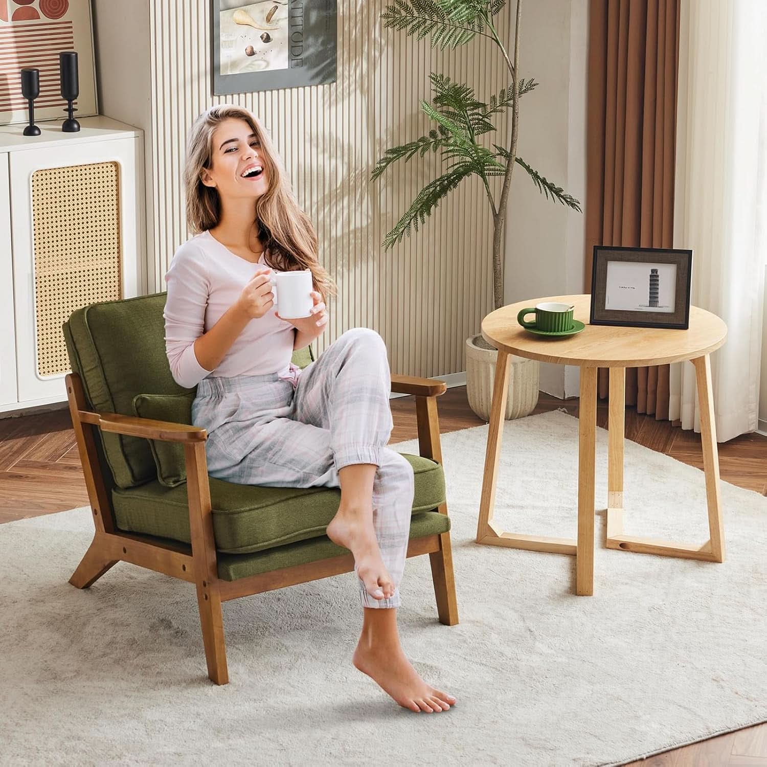 Green Luxury Upholstered Armchair With Lumbar Pillow