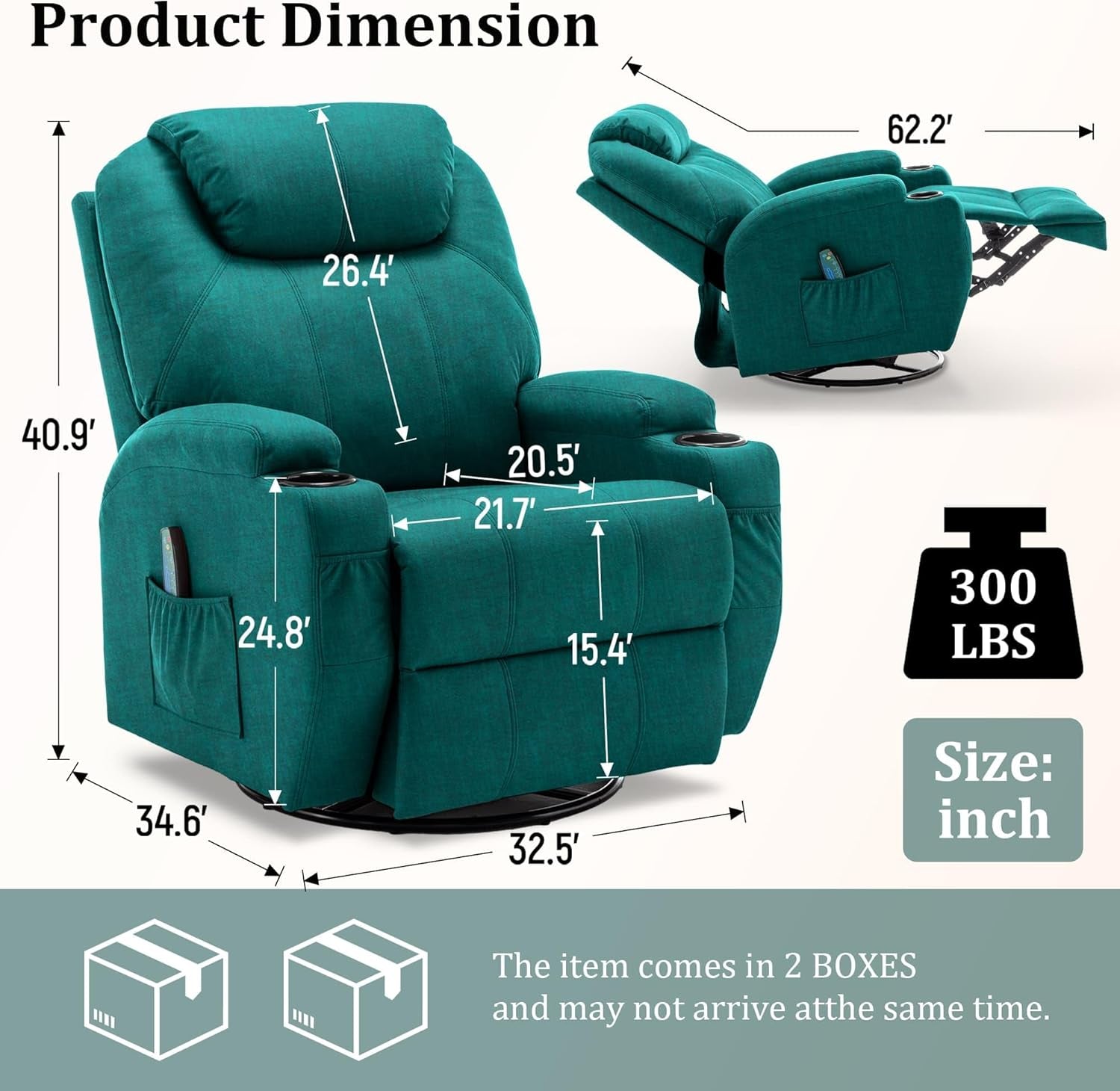 Green Massage Rocking Recliner Chair With Swivel And Heat