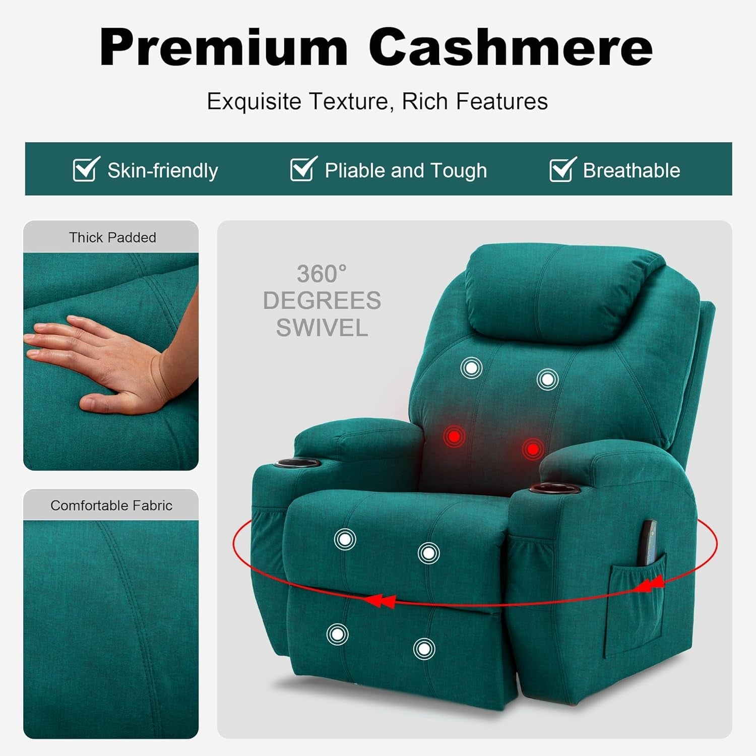 Green Massage Rocking Recliner Chair With Swivel And Heat
