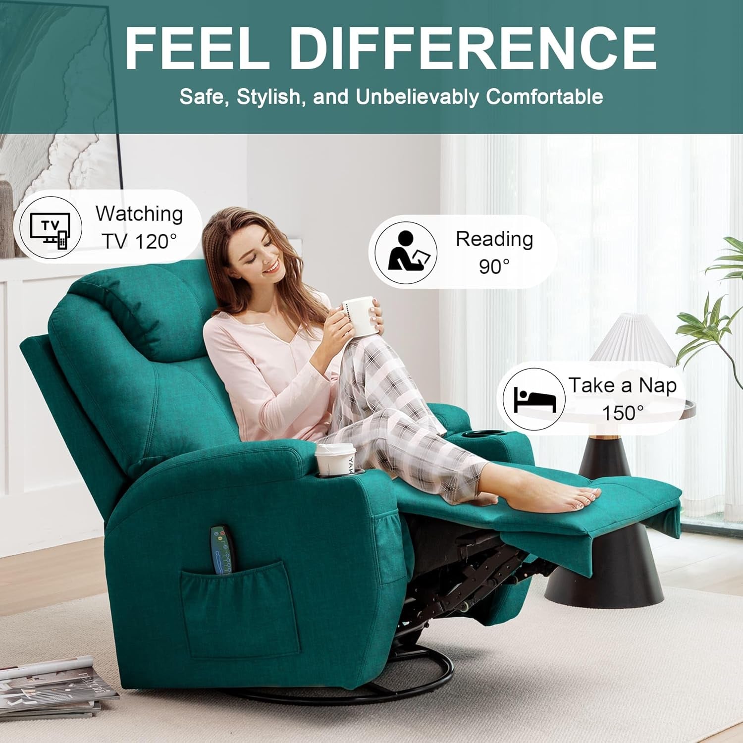 Green Massage Rocking Recliner Chair With Swivel And Heat