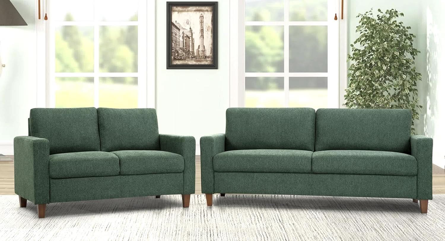 Green Mid Century Modern Couch and Loveseat Set for Small Spaces
