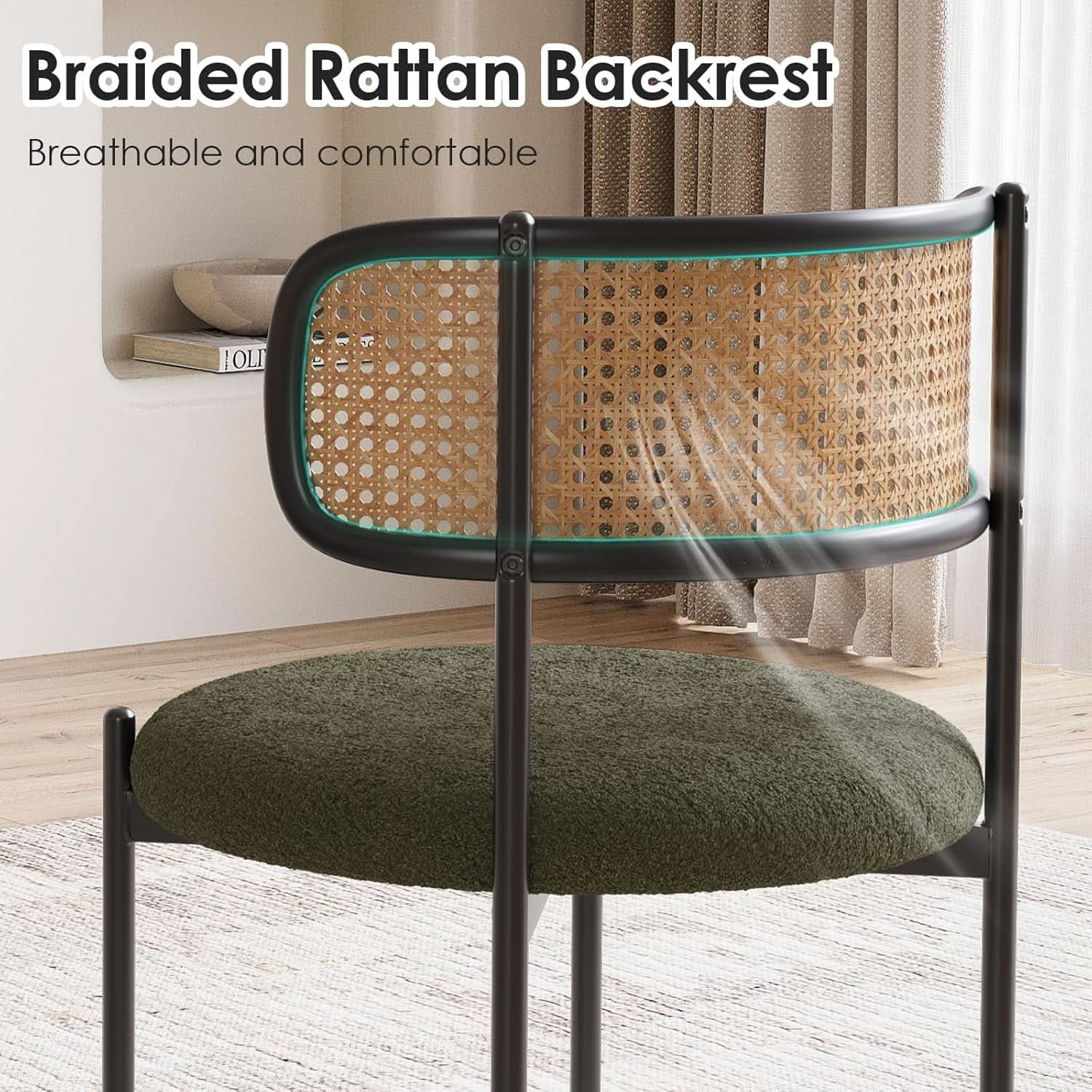 Green Rattan Backrest Mid Century Dining Chairs Set Of 2