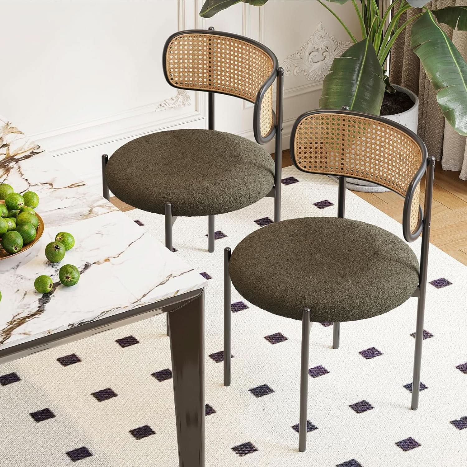 Green Rattan Backrest Mid Century Dining Chairs Set Of 2