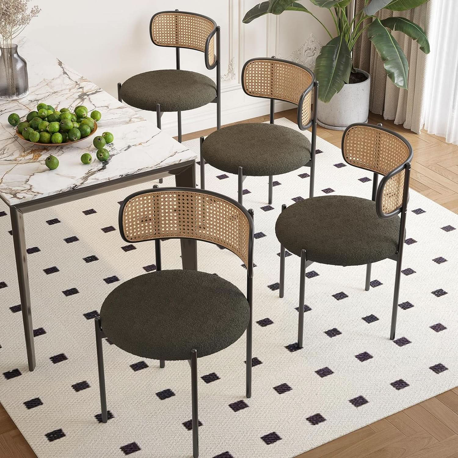 Green Rattan Backrest Mid Century Dining Chairs Set Of 2