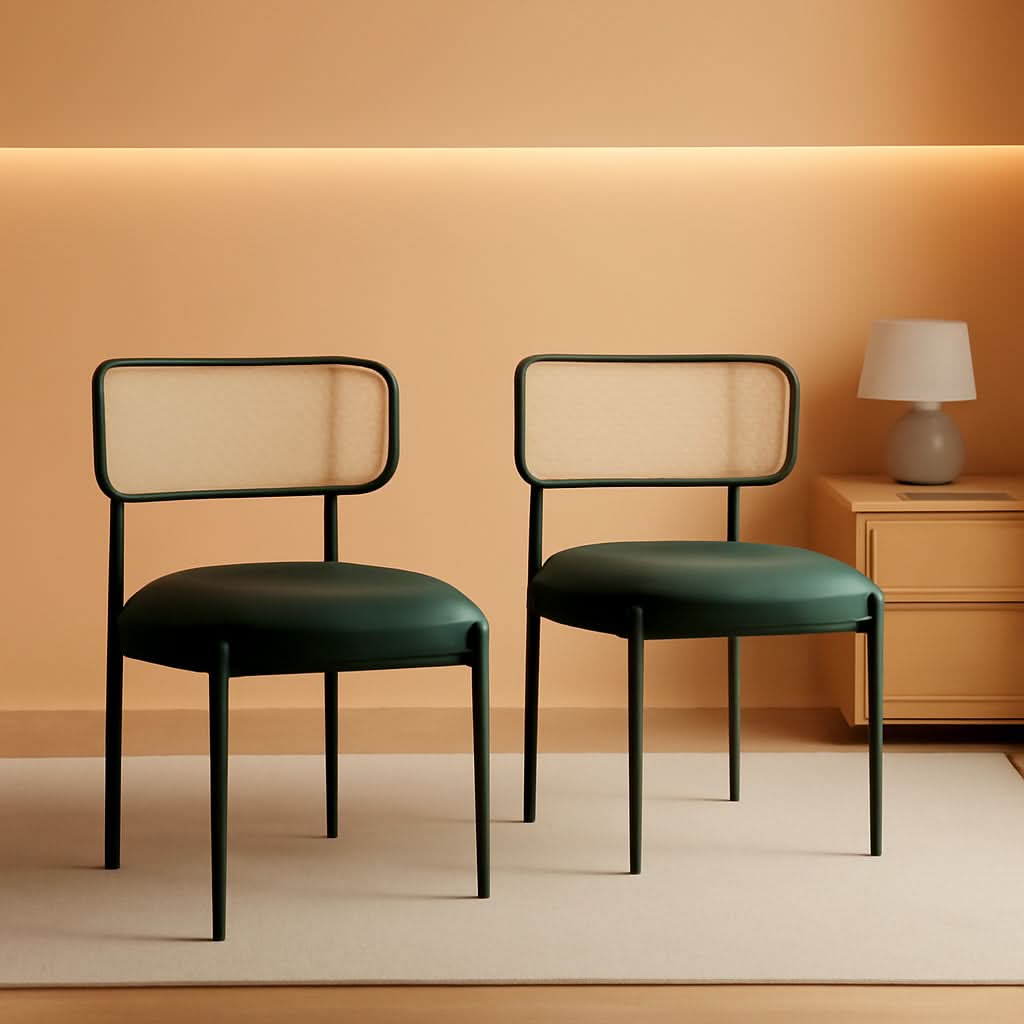 Green Rattan Backrest Mid Century Dining Chairs Set Of 2