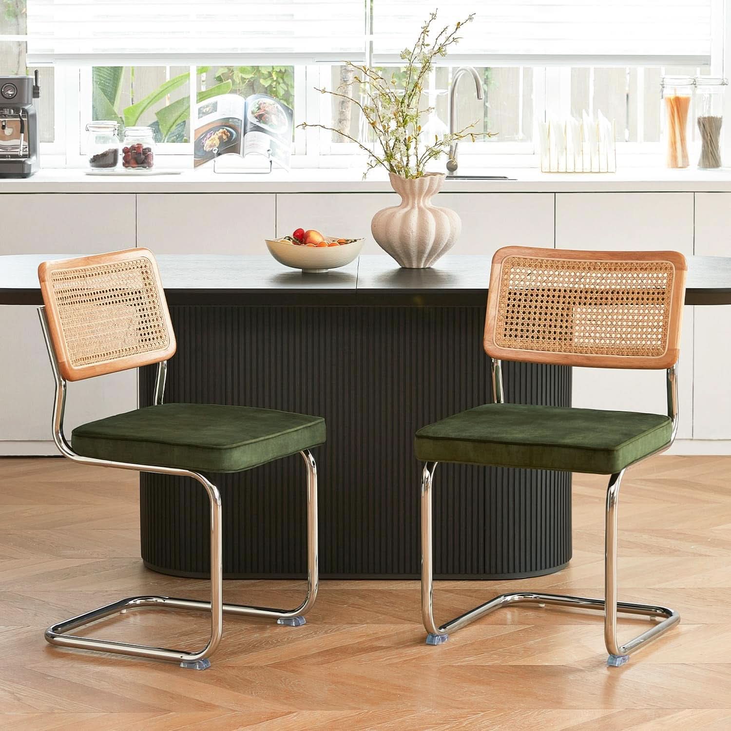 Green Rattan Dining Chairs FourPiece ChromeFinish Set