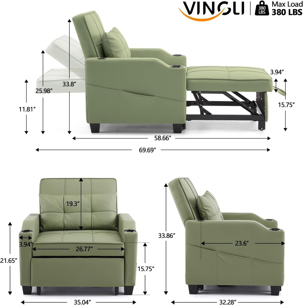 Green Sofa Bed Chair Recliner 3 In 1 Convertible USB Ports