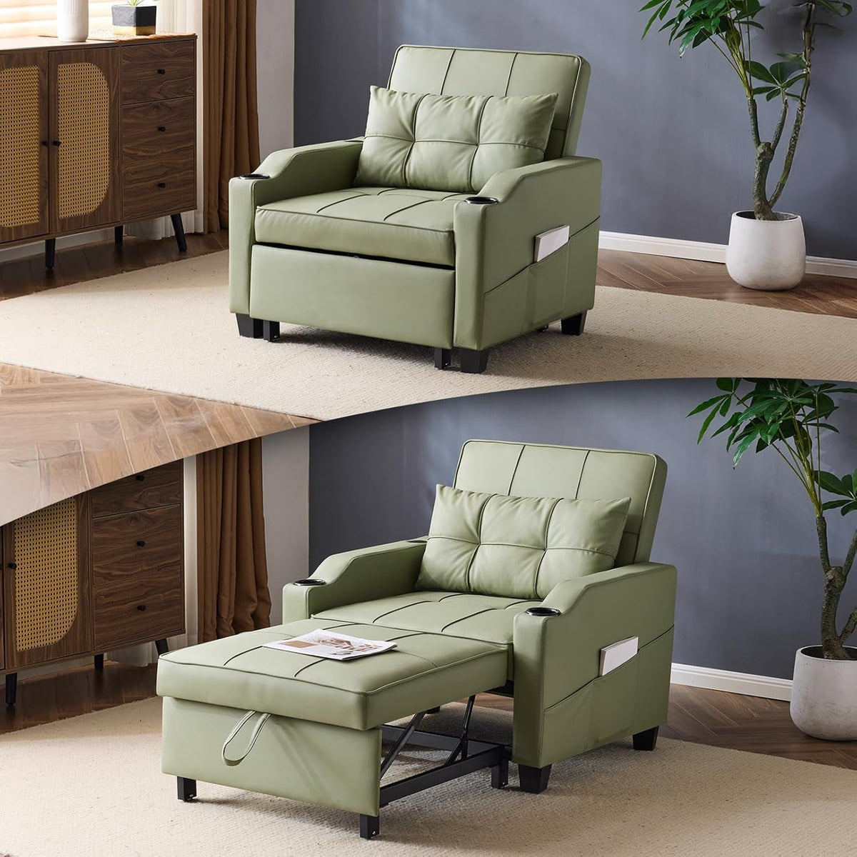 Green Sofa Bed Chair Recliner 3 In 1 Convertible USB Ports