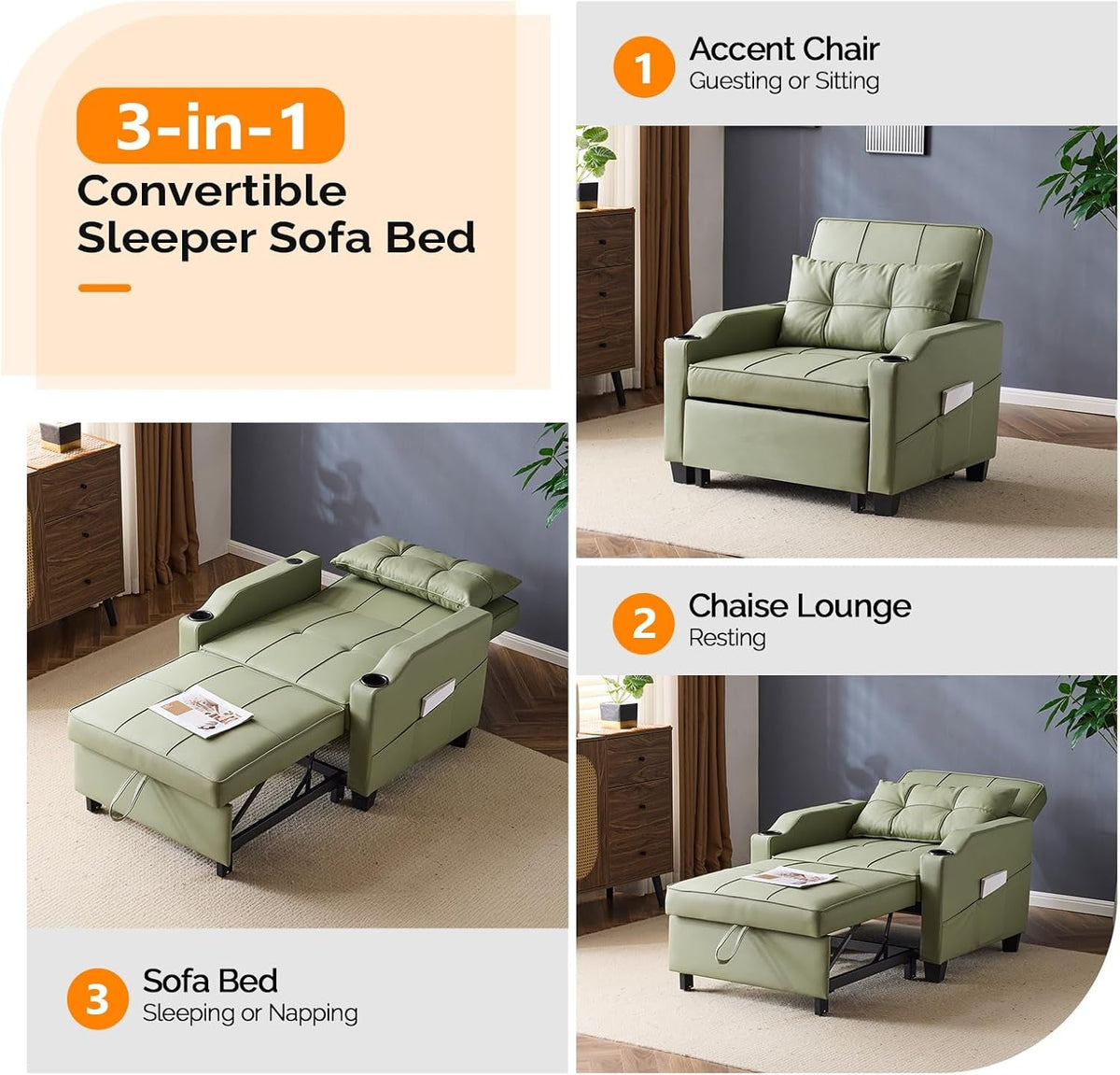 Green Sofa Bed Chair Recliner 3 In 1 Convertible USB Ports