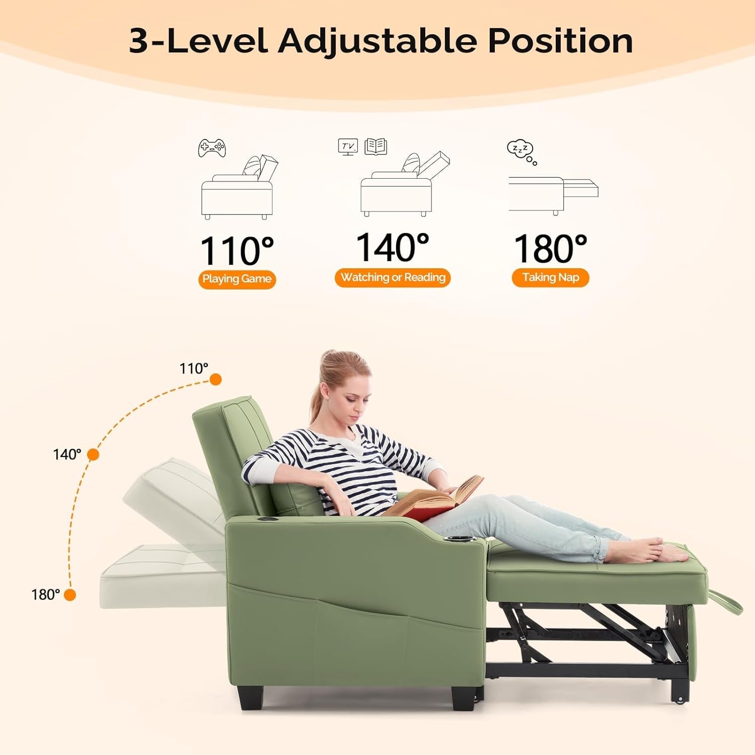 Green Sofa Bed Chair Recliner 3 In 1 Convertible USB Ports