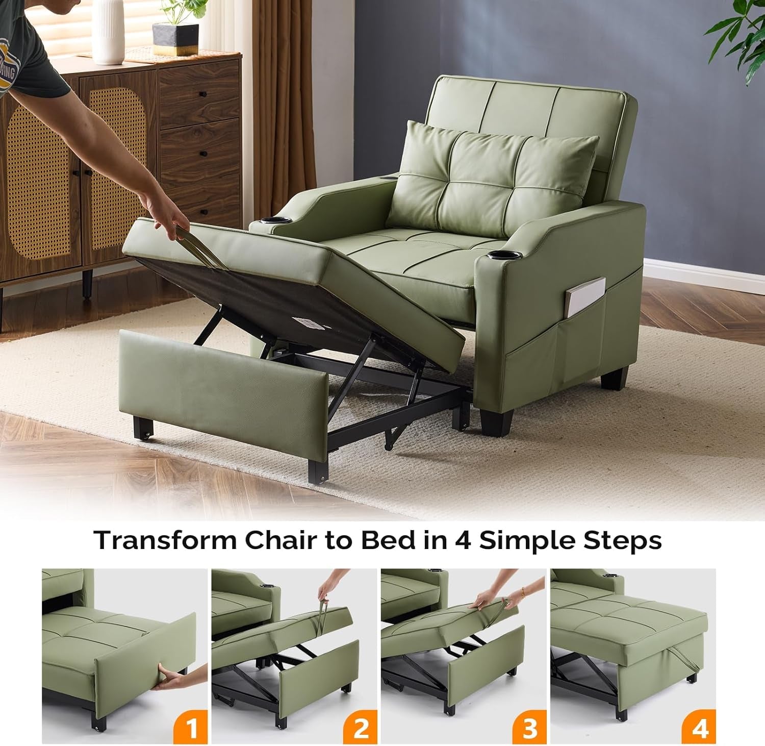 Green Sofa Bed Chair Recliner 3 In 1 Convertible USB Ports