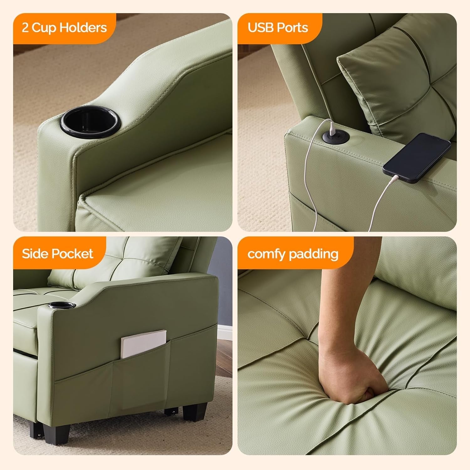 Green Sofa Bed Chair Recliner 3 In 1 Convertible USB Ports