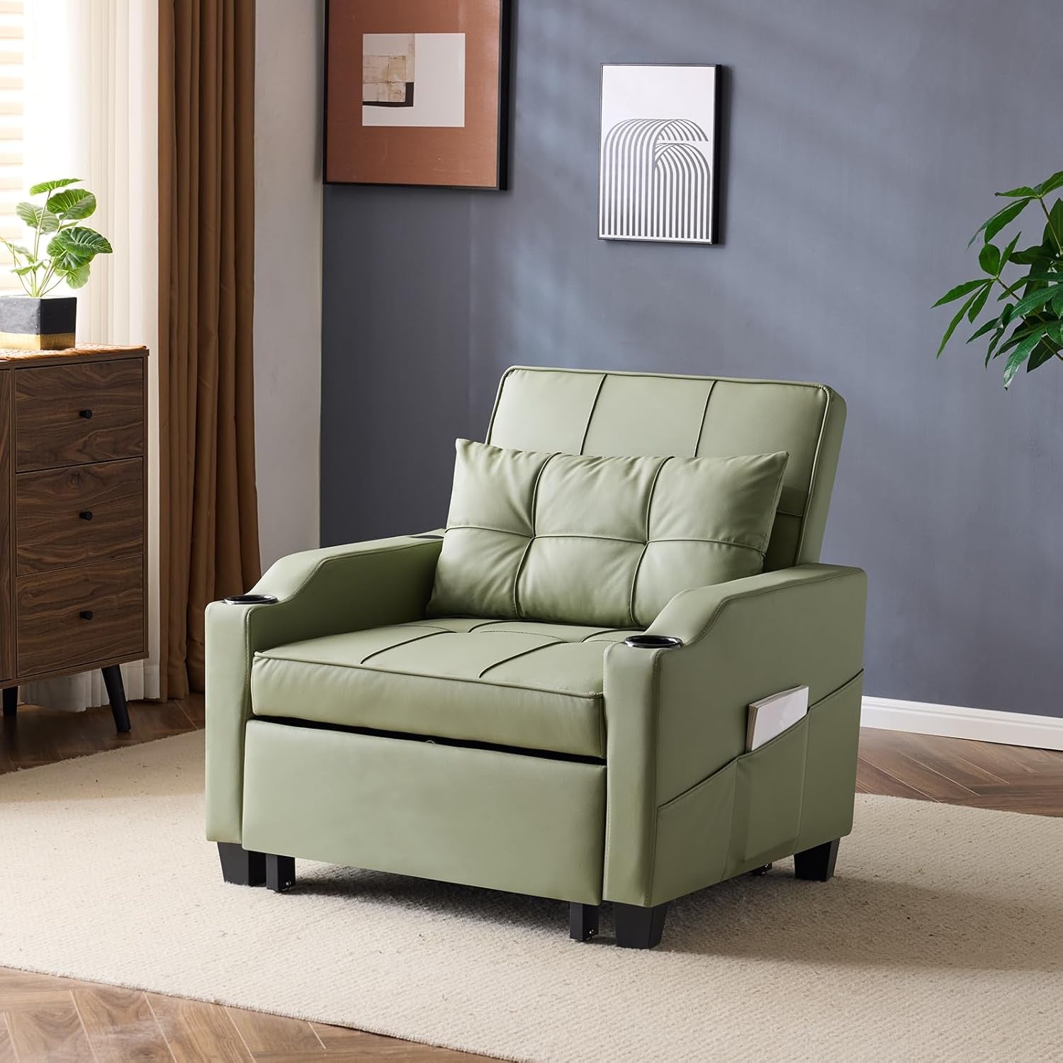 Green Sofa Bed Chair Recliner 3 In 1 Convertible USB Ports