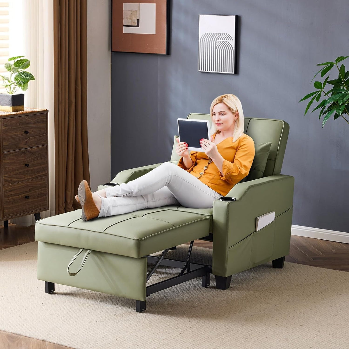 Green Sofa Bed Chair Recliner 3 In 1 Convertible USB Ports