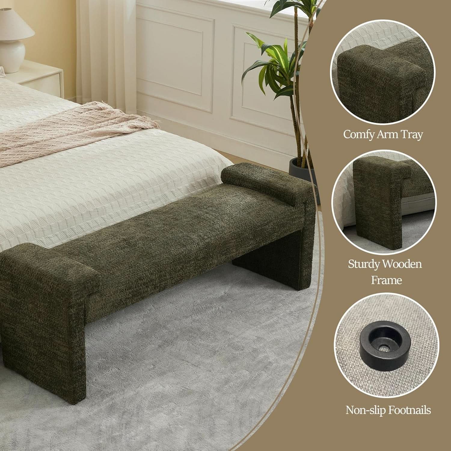 Green Upholstered End Of Bed Bench Curved Wood Frame