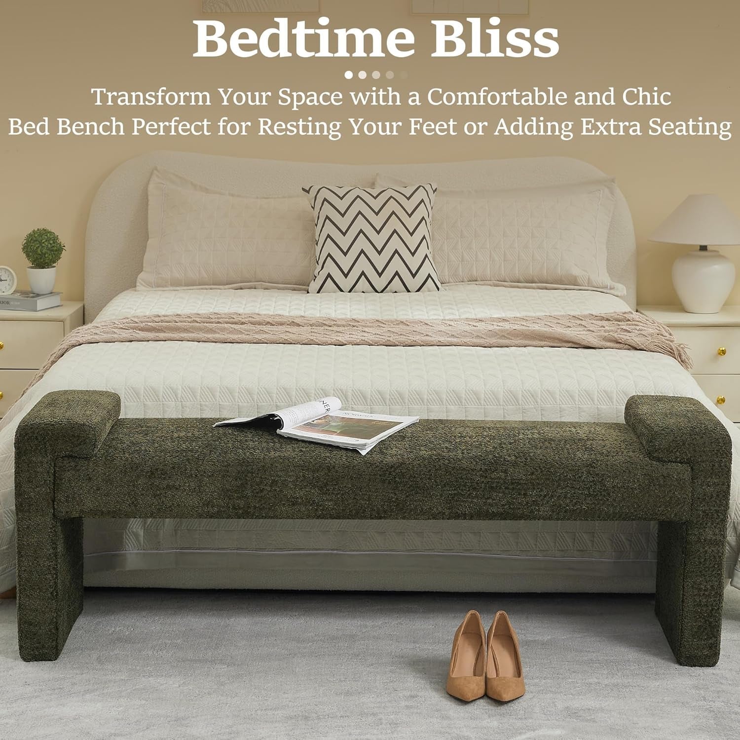 Green Upholstered End Of Bed Bench Curved Wood Frame