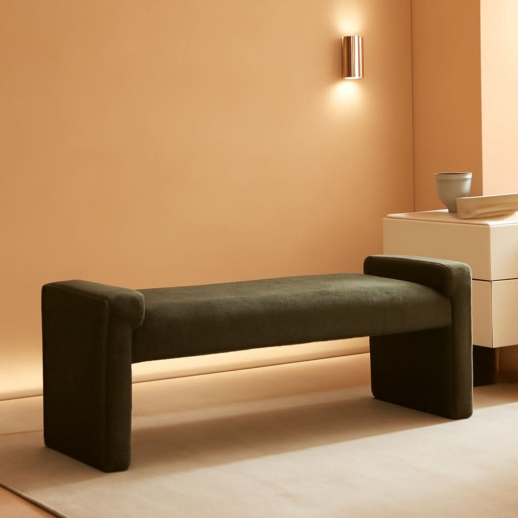 Green Upholstered End Of Bed Bench Curved Wood Frame