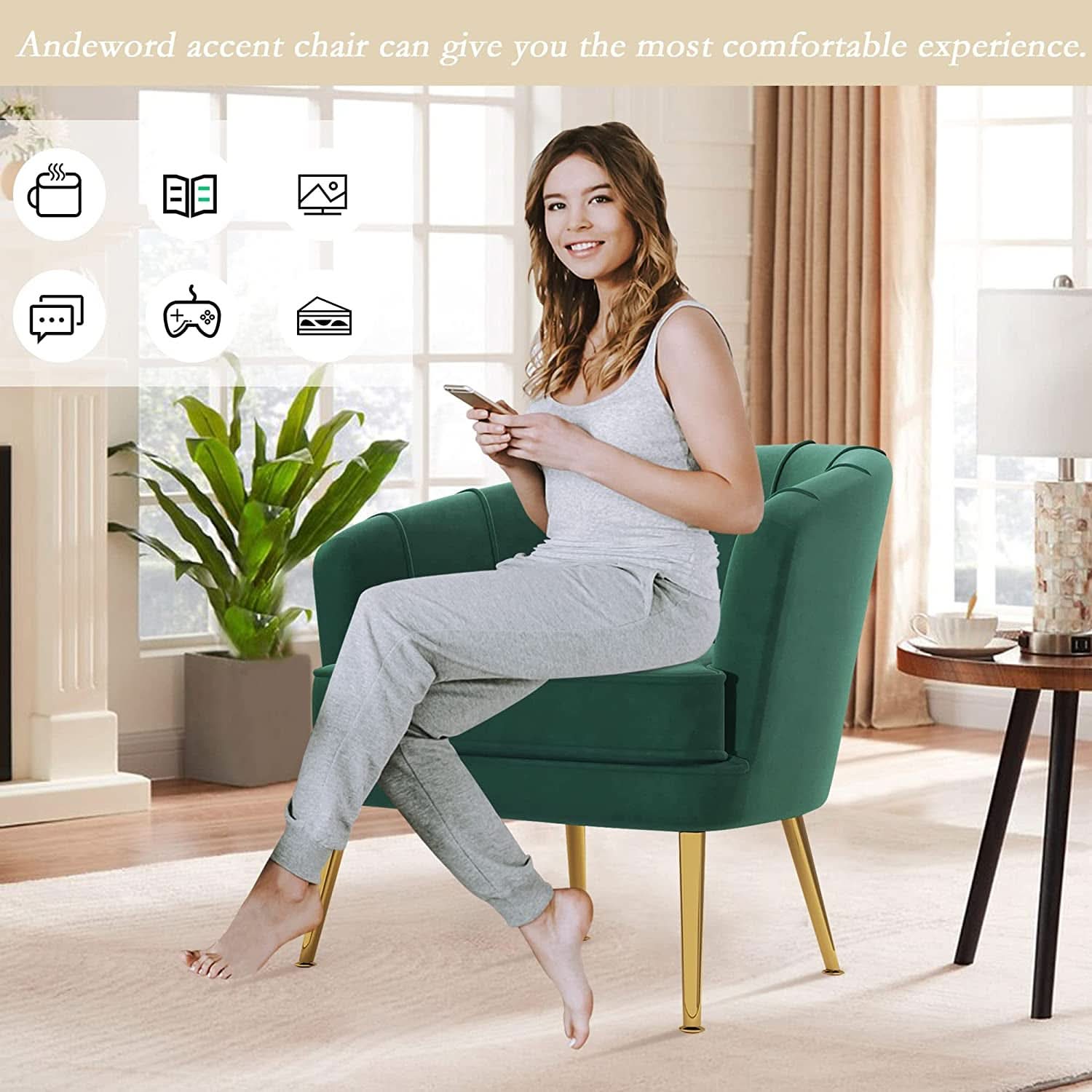 Green Velvet Accent Chair With Gold Legs For Living Room