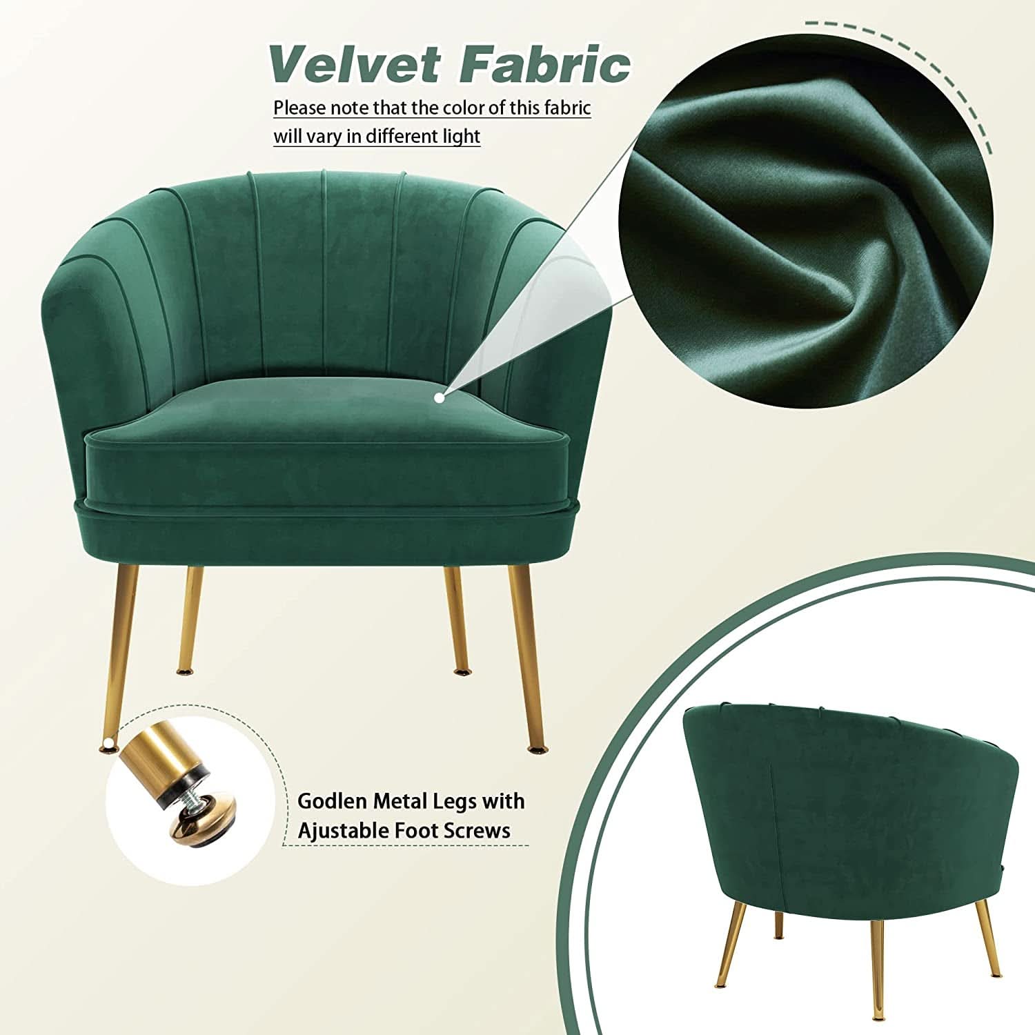 Green Velvet Accent Chair With Gold Legs For Living Room