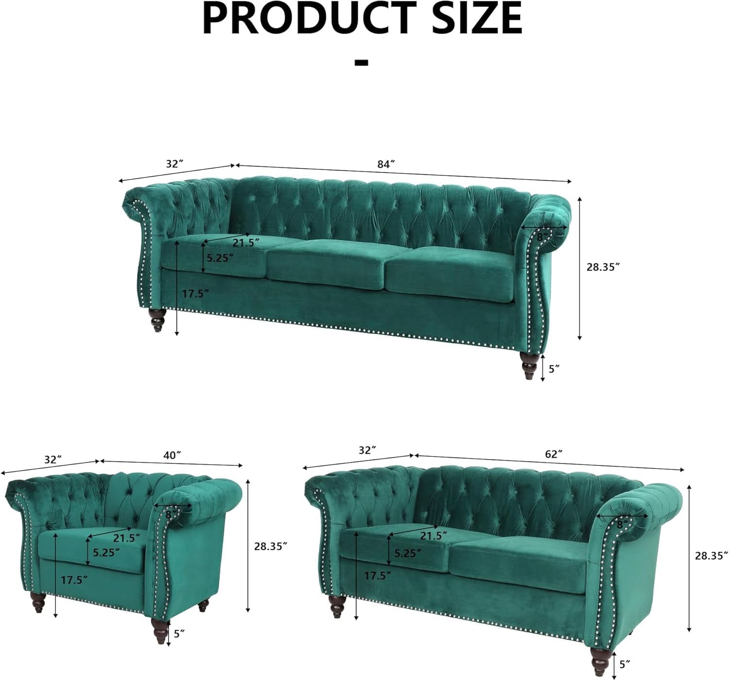 Green Velvet Chesterfield Living Room Set Including Sofa Loveseat and Club Chair