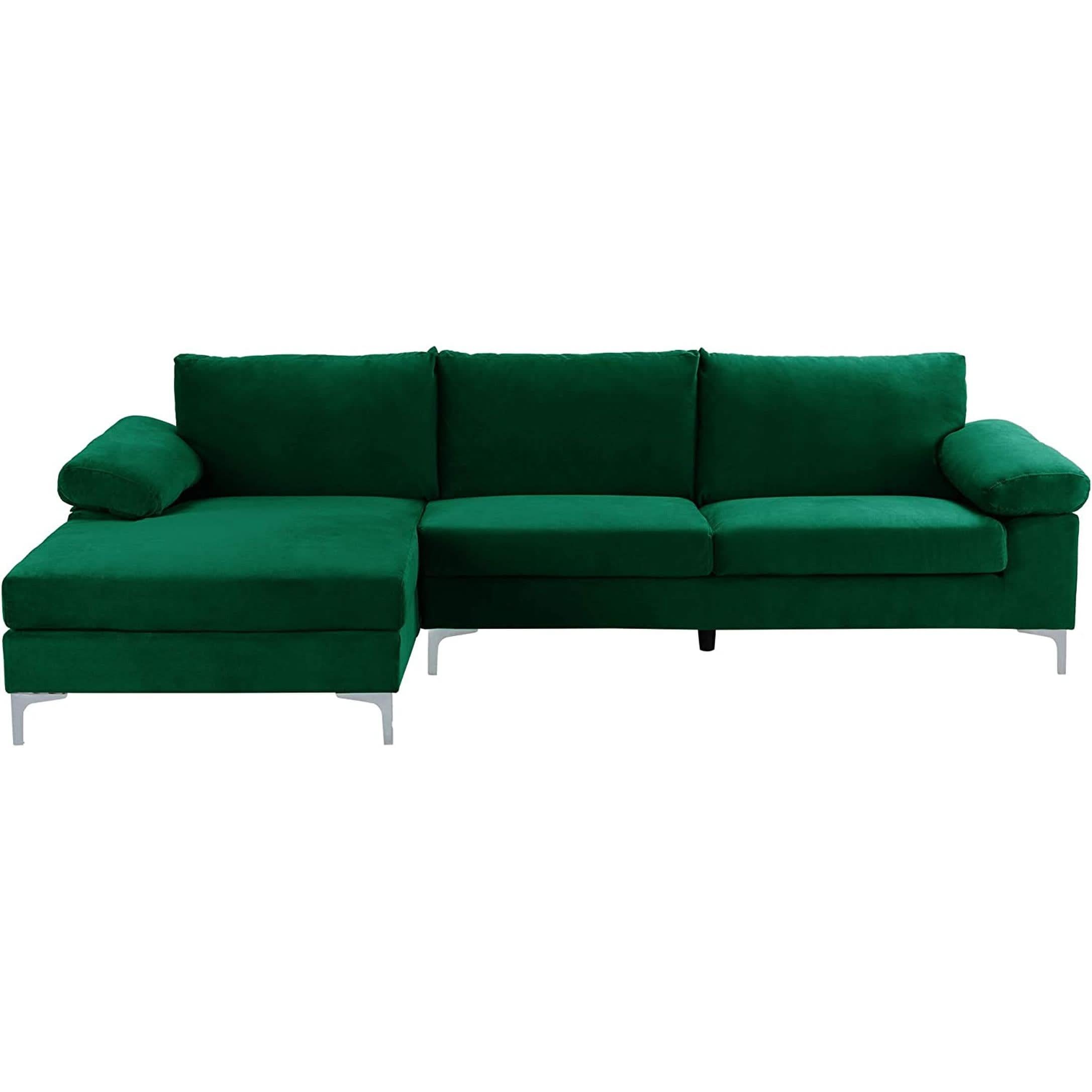 Green Velvet L Shaped Sectional Sofa With Wide Chaise