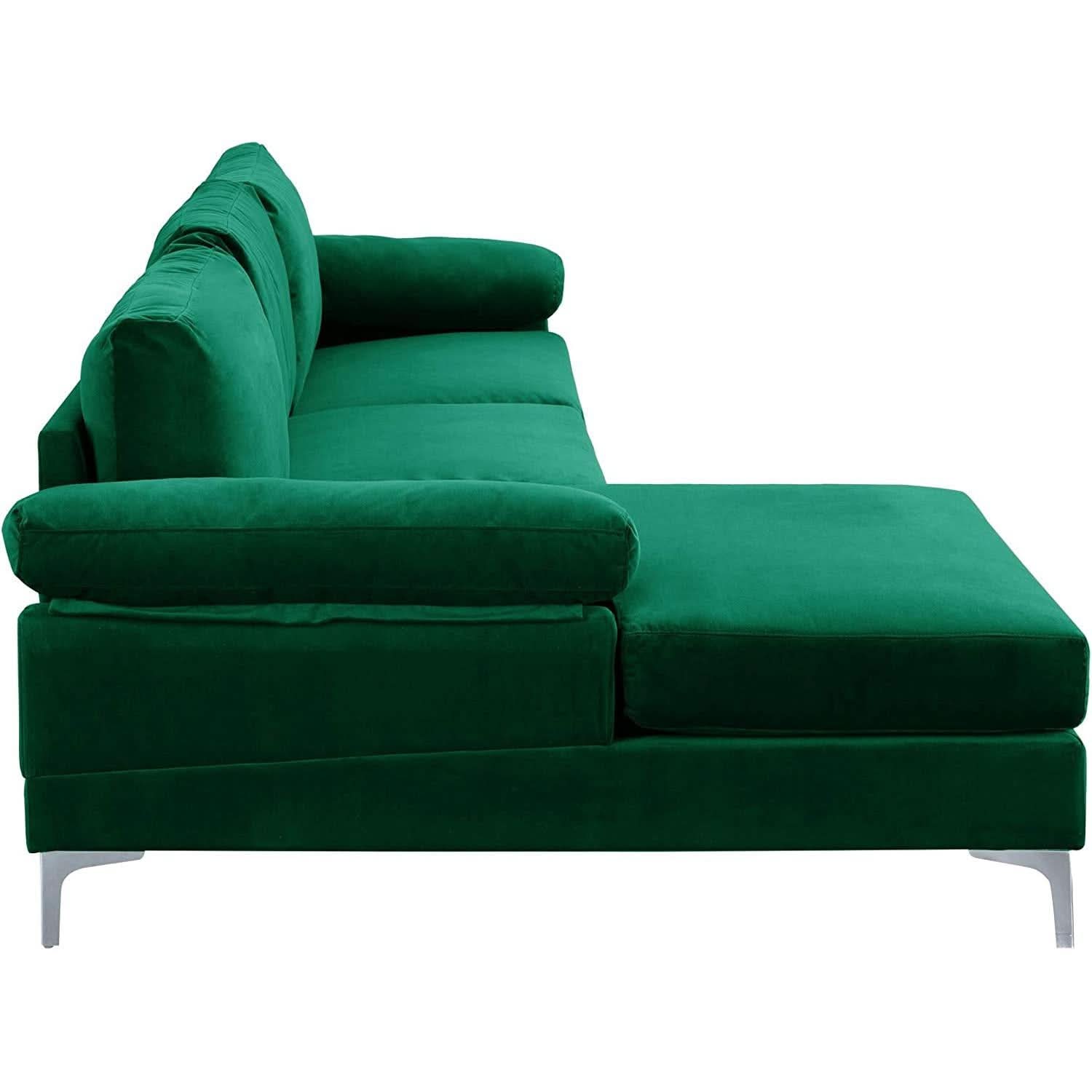 Green Velvet L Shaped Sectional Sofa With Wide Chaise