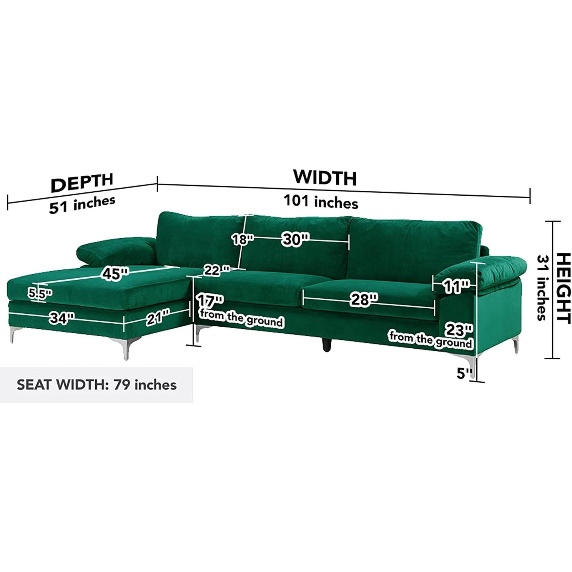 Green Velvet L Shaped Sectional Sofa With Wide Chaise