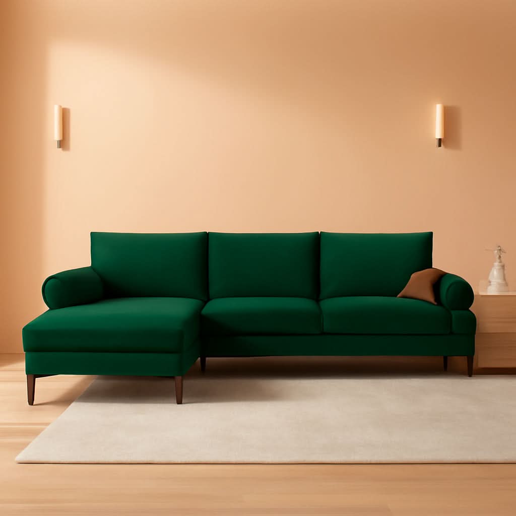 Green Velvet L Shaped Sectional Sofa With Wide Chaise