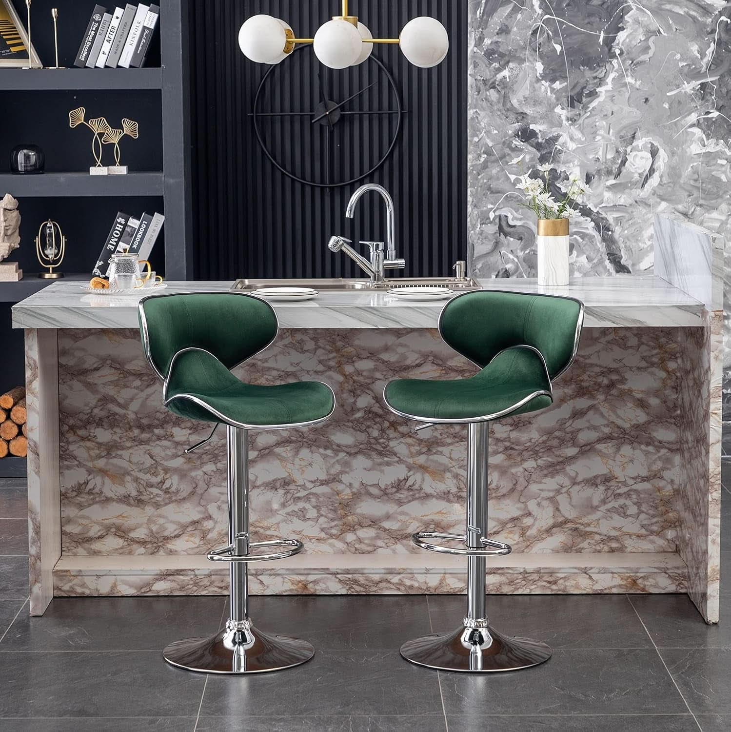 Green Velvet Upholstered Adjustable Swivel Bar Stools Set 2