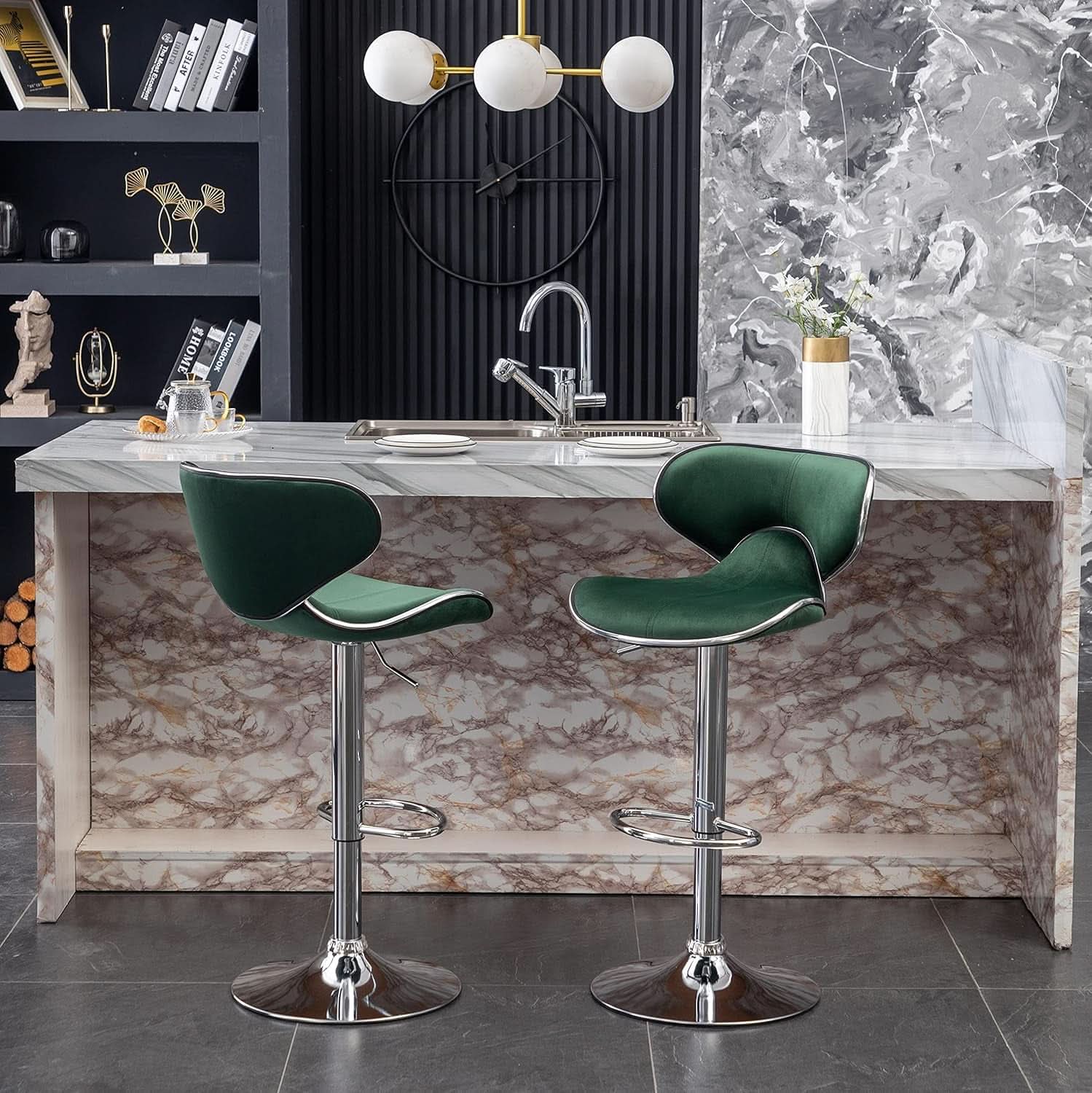 Green Velvet Upholstered Adjustable Swivel Bar Stools Set 2