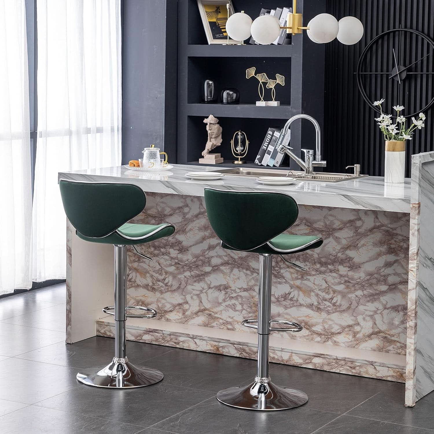 Green Velvet Upholstered Adjustable Swivel Bar Stools Set 2